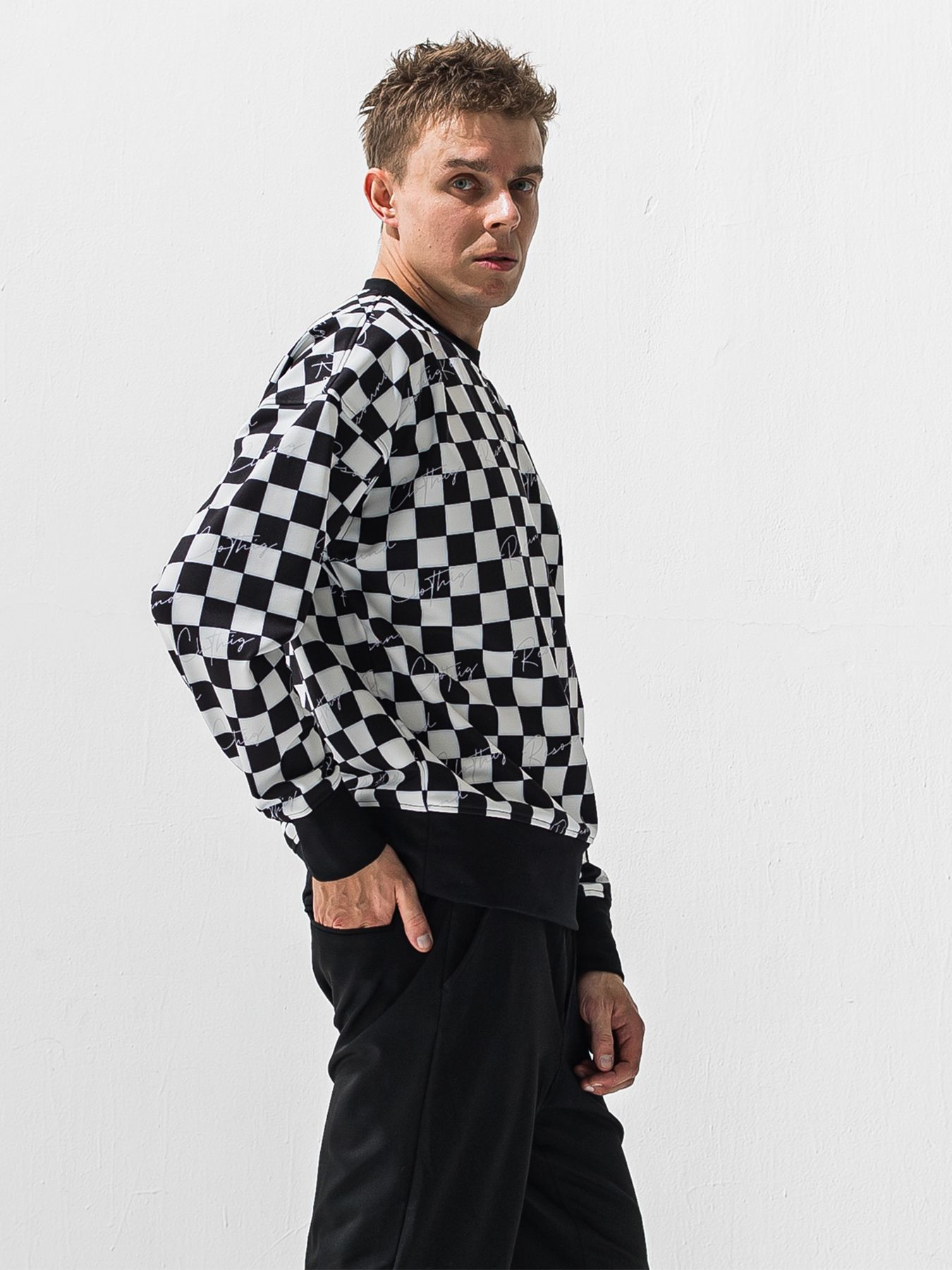 【予約品 9月6日(日) 締切】CHECKER BACK FLEECE TRAINER / 裏起毛 ルーズトレーナー / ホワイト×ブラック