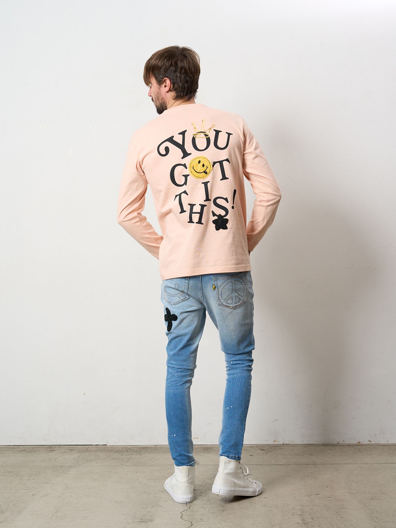 5.6ozコットン天竺 YOU GOT THIS シークインLS Tシャツ / ペールピンク
