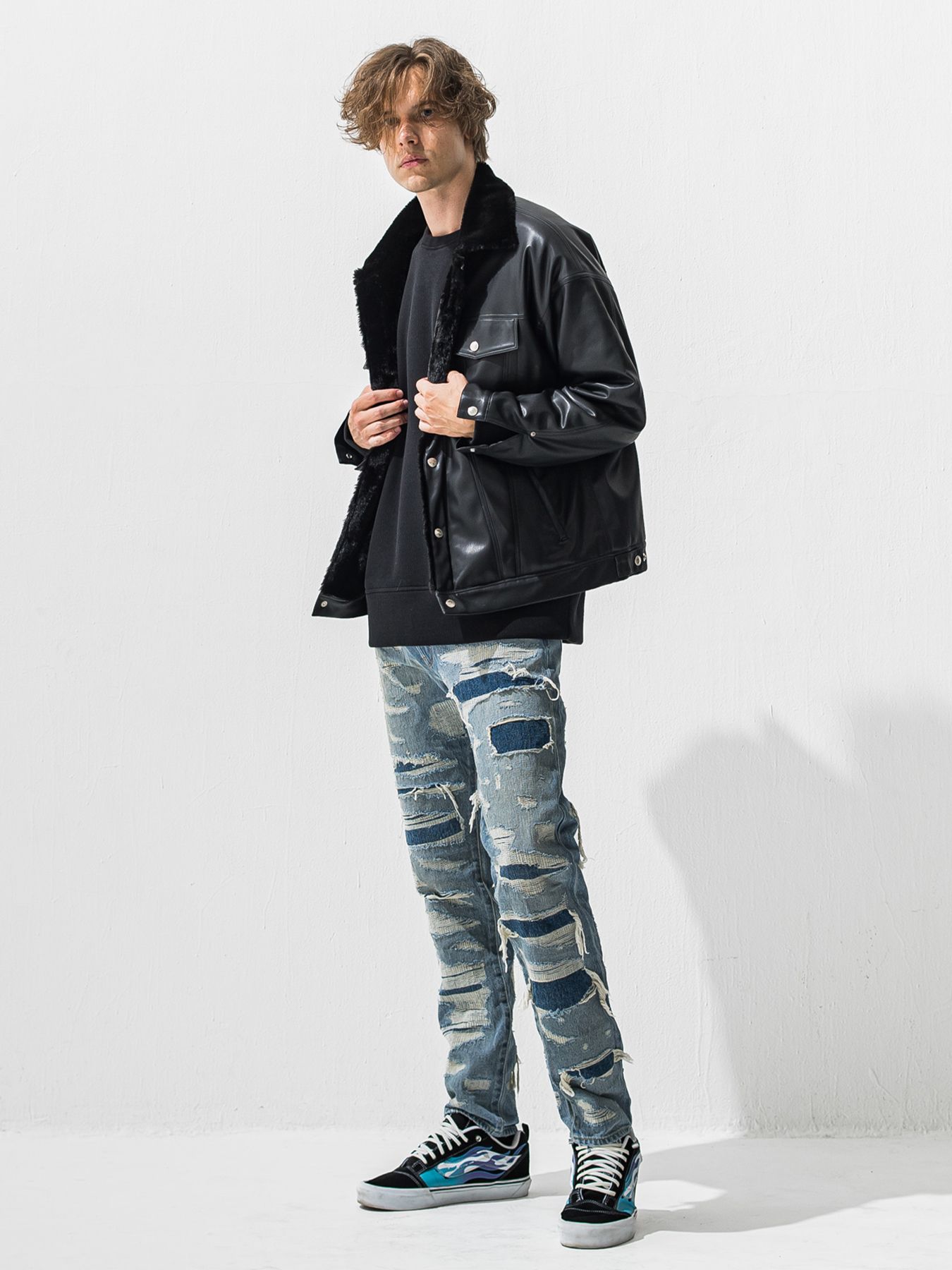 【予約品 9月6日(日) 締切】VELOURS FLEECE THERMAL LOOSE TRAINER / 裏起毛 ハニカムサーマル ルーズトレーナー / ブラック
