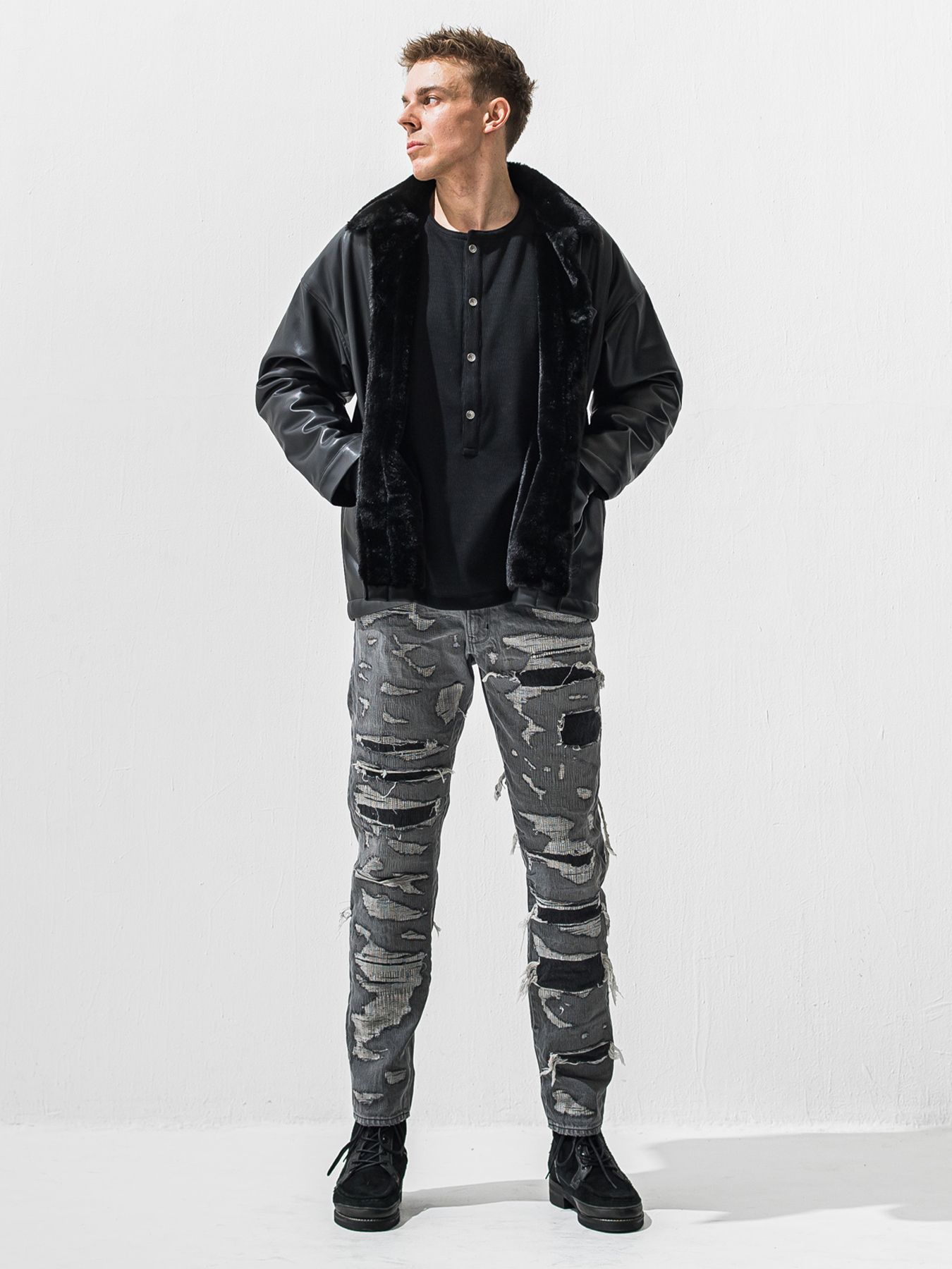 【予約品 9月6日(日) 締切】OVER HENRY VELOURS FLEECE THERMAL / 裏起毛 ハニカムサーマル オーバーサイズヘンリーネック / ブラック