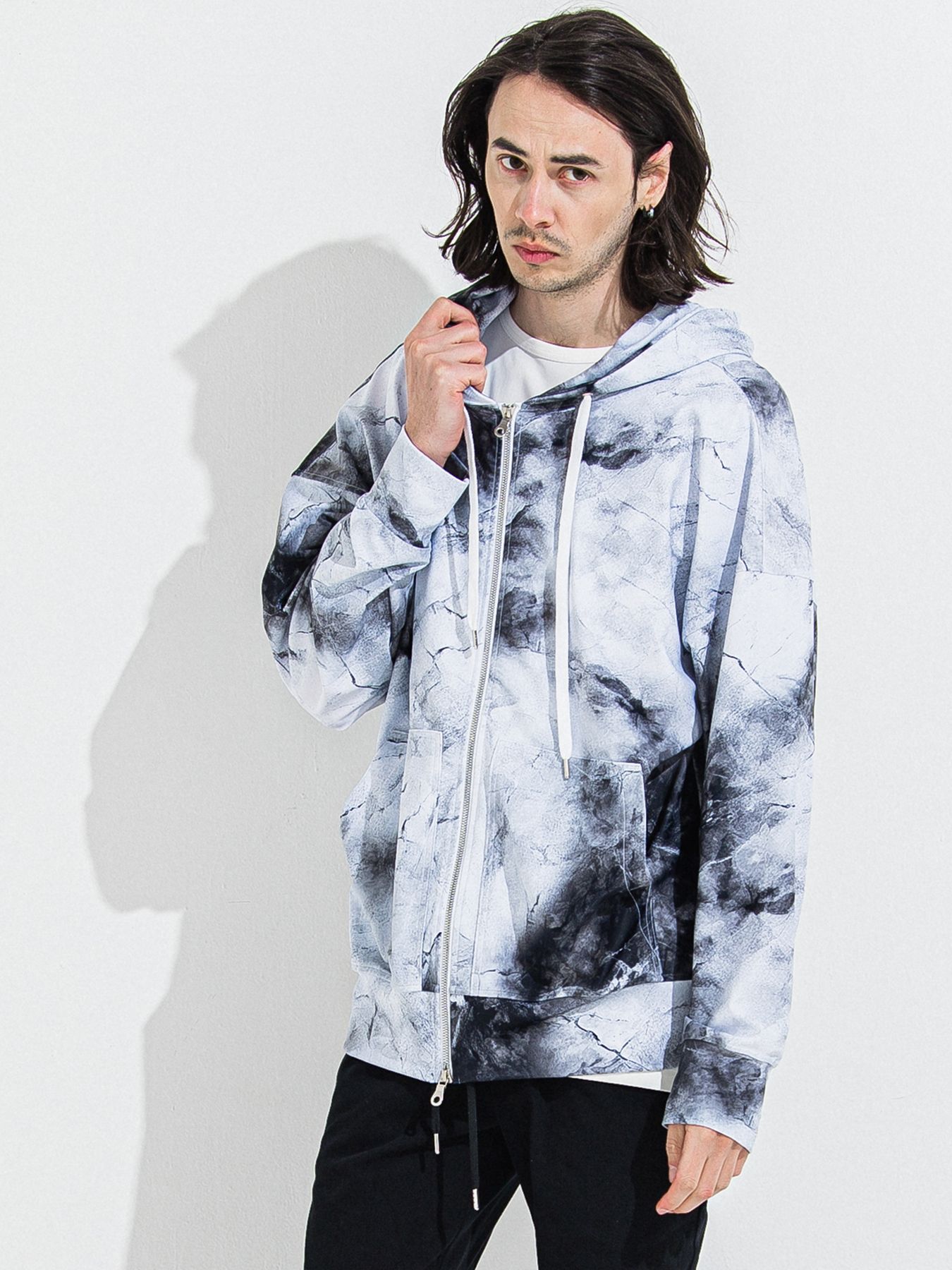 【予約品】RASH OVER ZIPUP HOODIE / ラッシュガード オーバーサイズジップアップパーカー / マーブルホワイト