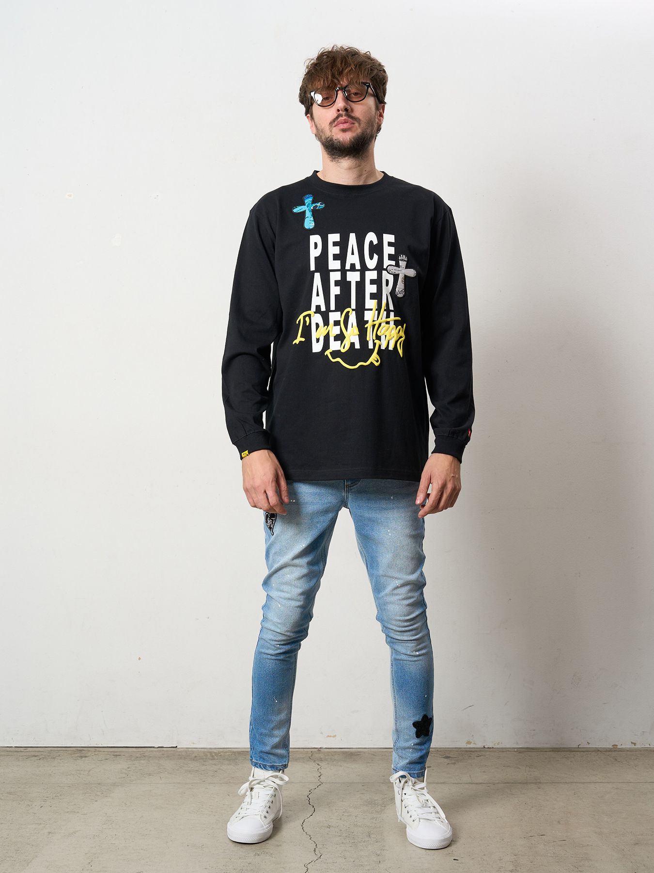 【予約品 5月8日(木) AM10時 締切】 5.6ozコットン天竺 PEACE AFTER DEATH&クロスパッチワーク LS Tシャツ / ブラック