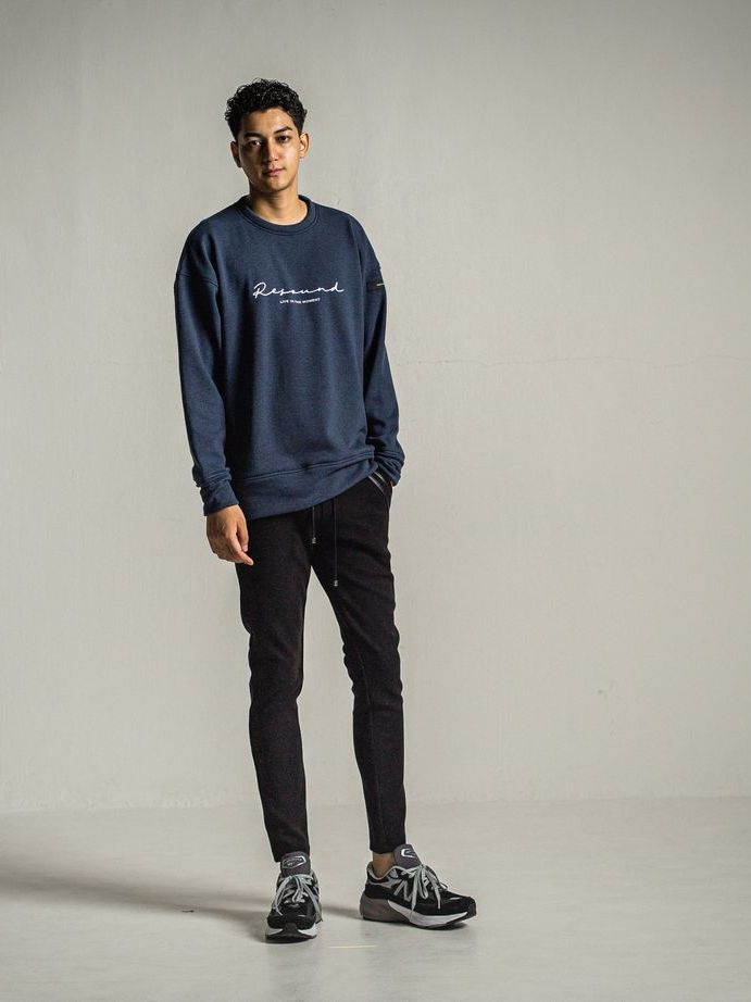 《予約9月1日18時締め》 handwriting rogo  velours fleece drop trainer  / ルーズトレーナー / ネイビー