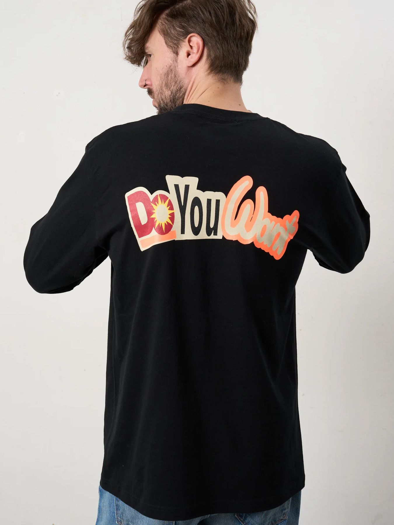 5.6ozコットン天竺 DO YOU WANT シークイン LS Tシャツ / ブラック