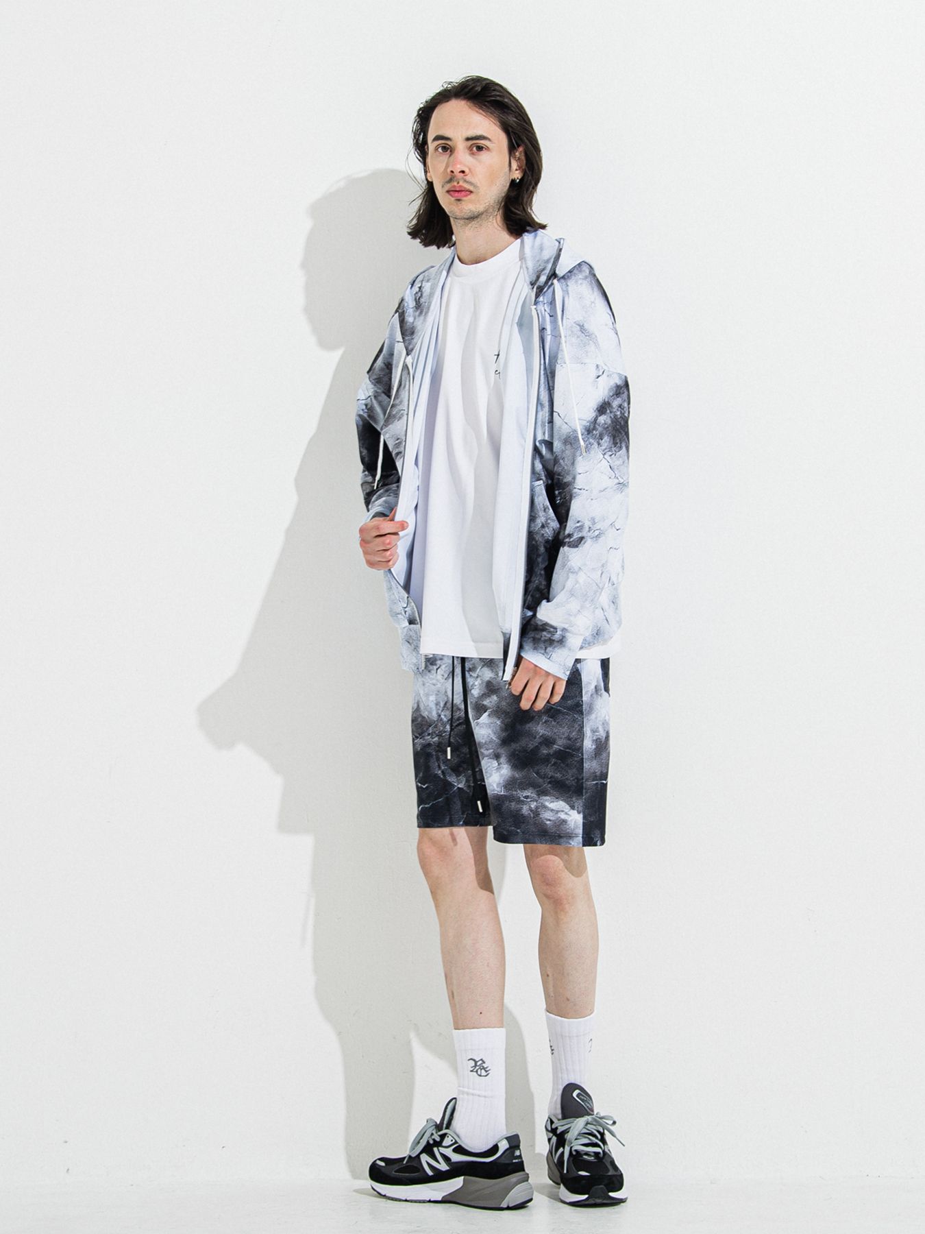 【予約品】RASH OVER ZIPUP HOODIE / ラッシュガード オーバーサイズジップアップパーカー / マーブルホワイト