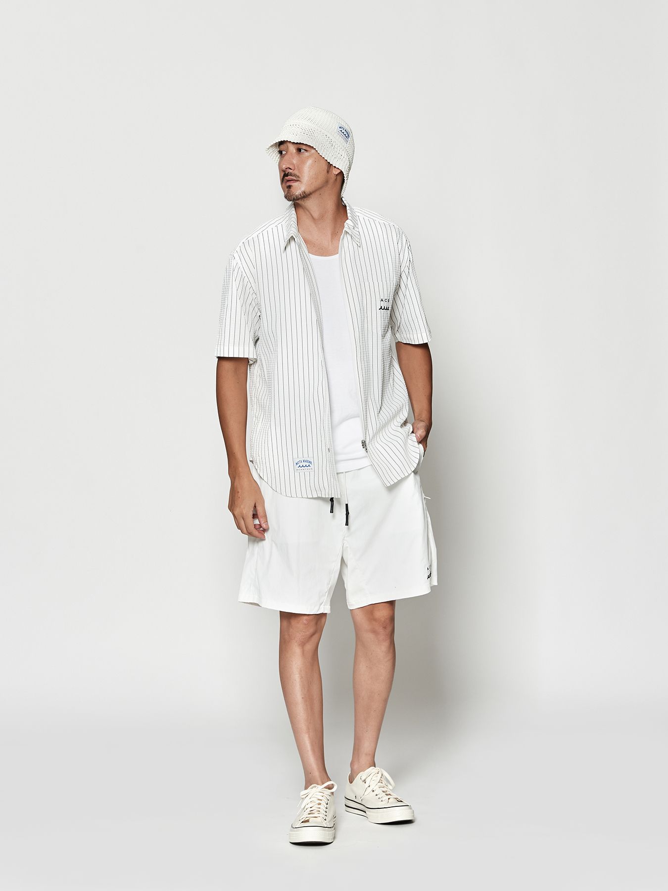 【予約品 10月9日(木) 締切】muta Dot Air(R) Zip Up S-S Shirt / ZIP半袖シャツ / ホワイトストライプ【Acanthus × muta MARINE】