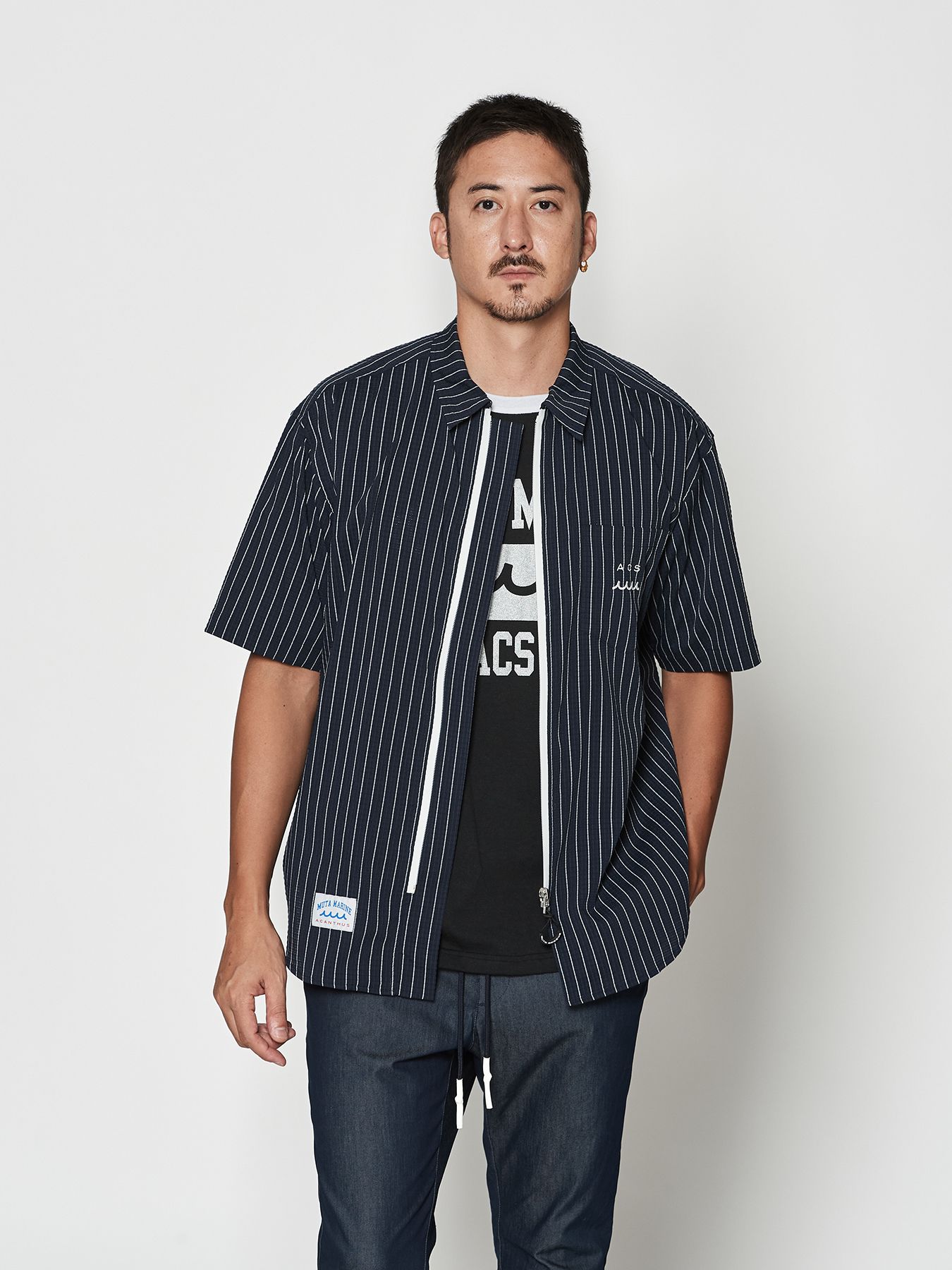 【予約品 10月9日(木) 締切】muta Dot Air(R) Zip Up S-S Shirt / ZIP半袖シャツ / ネイビーストライプ【Acanthus × muta MARINE】