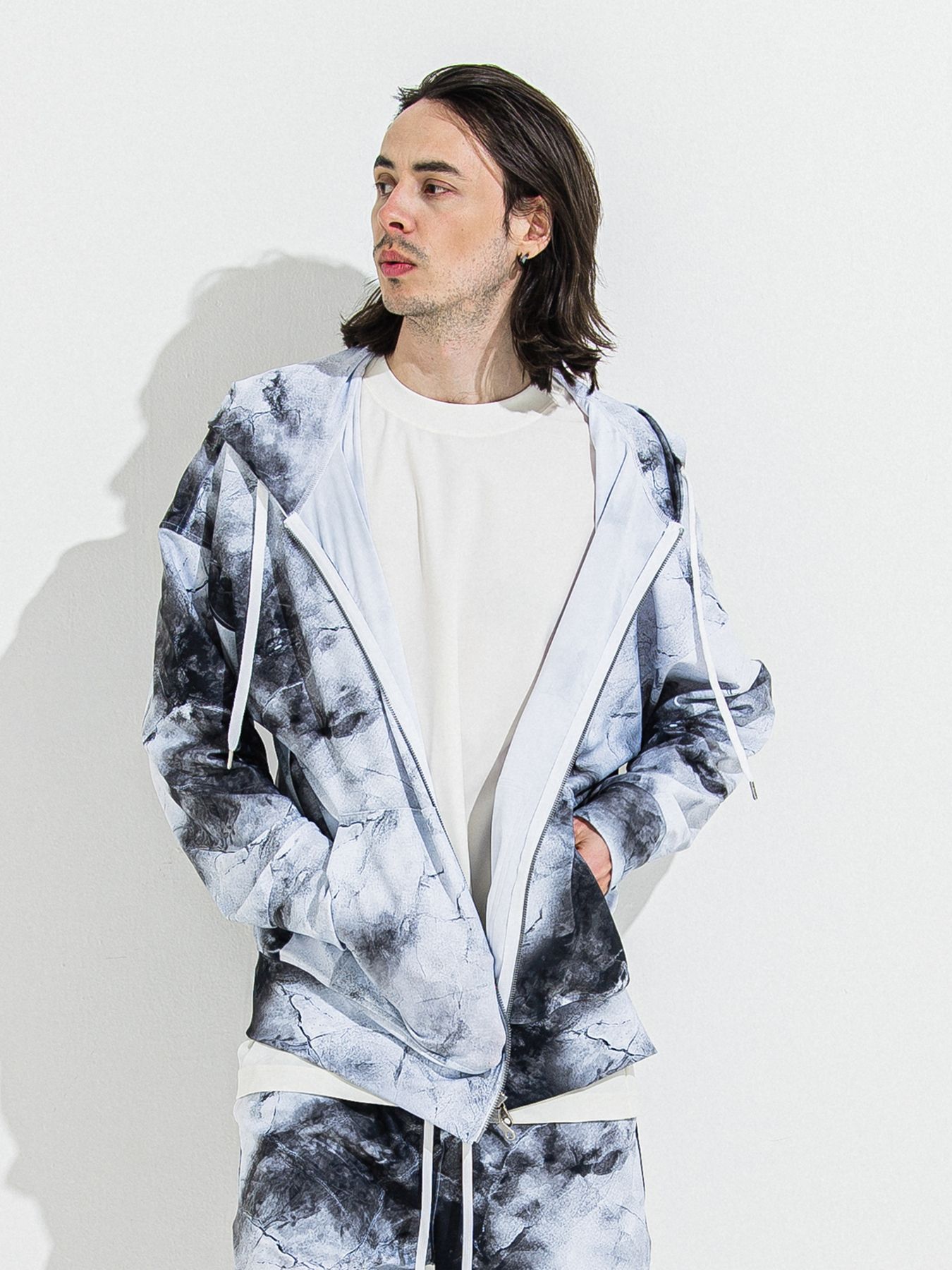 【予約品】RASH OVER ZIPUP HOODIE / ラッシュガード オーバーサイズジップアップパーカー / マーブルホワイト