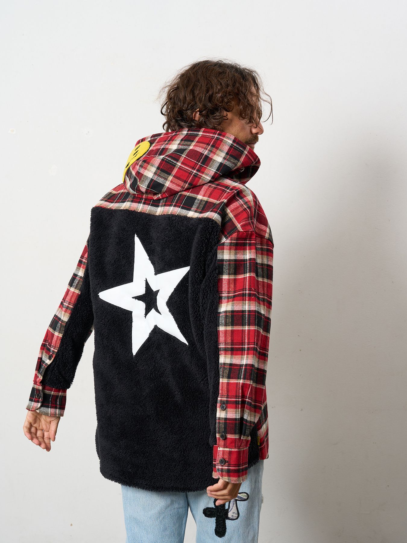 【予約品 】 ヘビーネルチェック-ボア レザースター&サガラパッチワーク フーデッドシャツ / ブラック