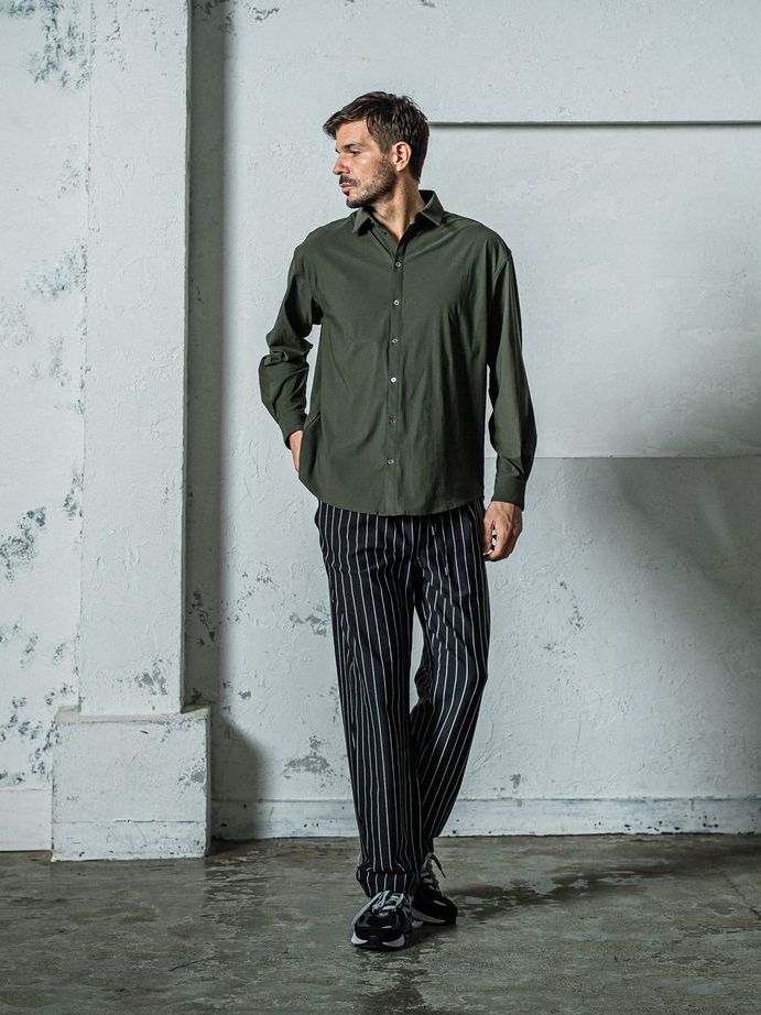 《予約11月17日19時締め》 CHRIS EASY WIDE TUCK PANTS / ワイドタックパンツ / ブラック・ストライプ
