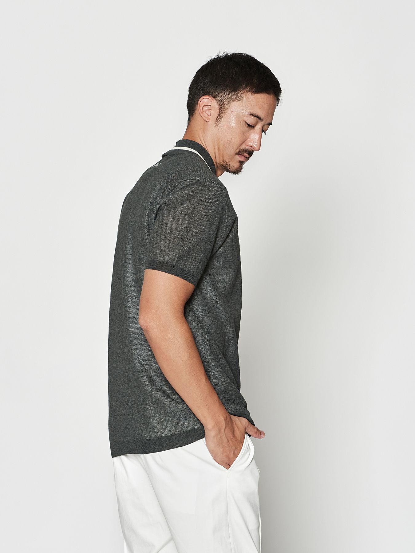 【予約品 10月9日(木) 締切】muta Sheer Knit S-S Top / シアーニットTシャツ / グレー【Acanthus × muta MARINE】