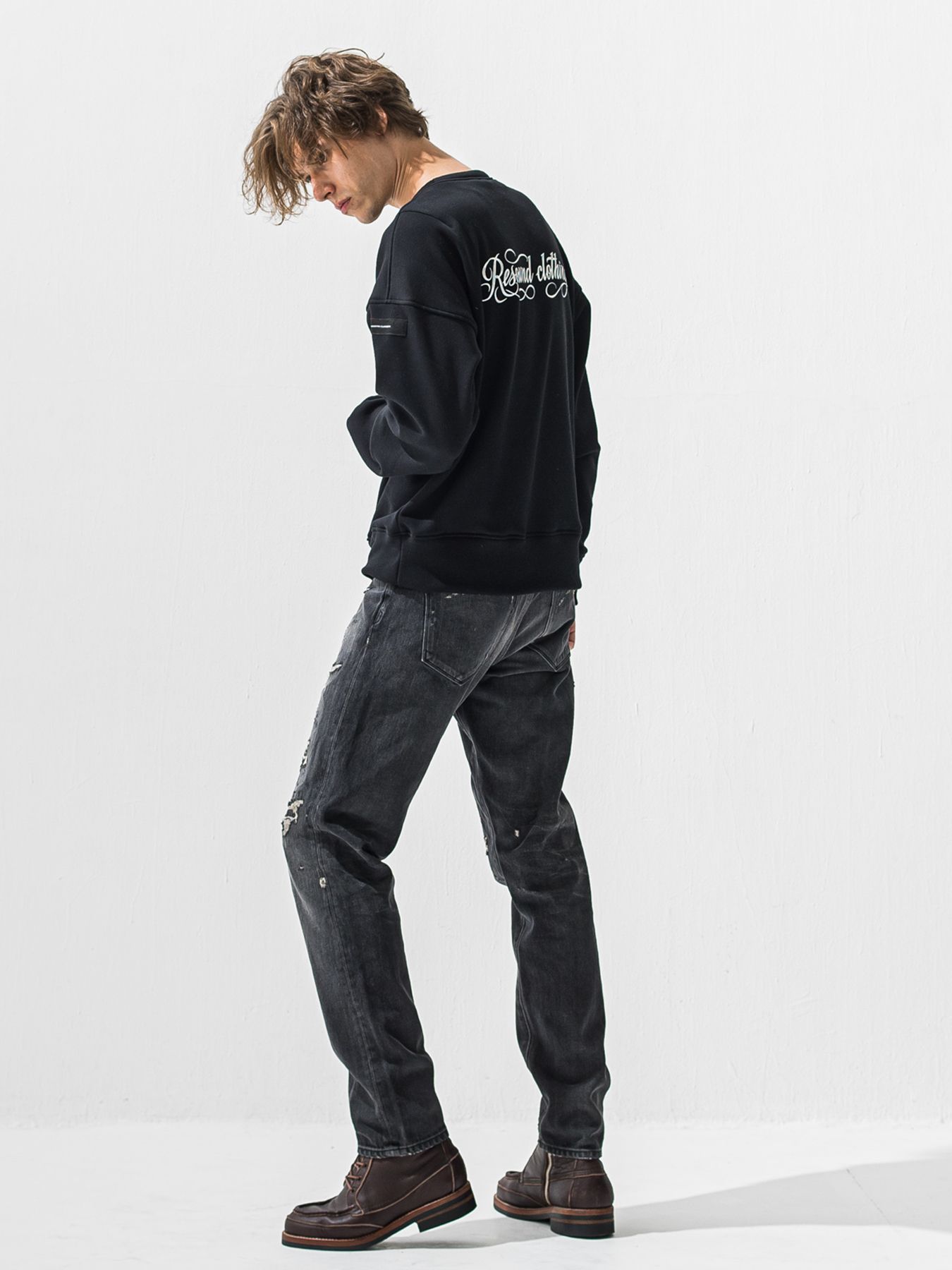 【予約品 9月6日(日) 締切】PIN ST RC VELOURS FLEECE DROP TRAINER / ピンストライプロゴ 裏起毛 ルーズトレーナー / ブラック