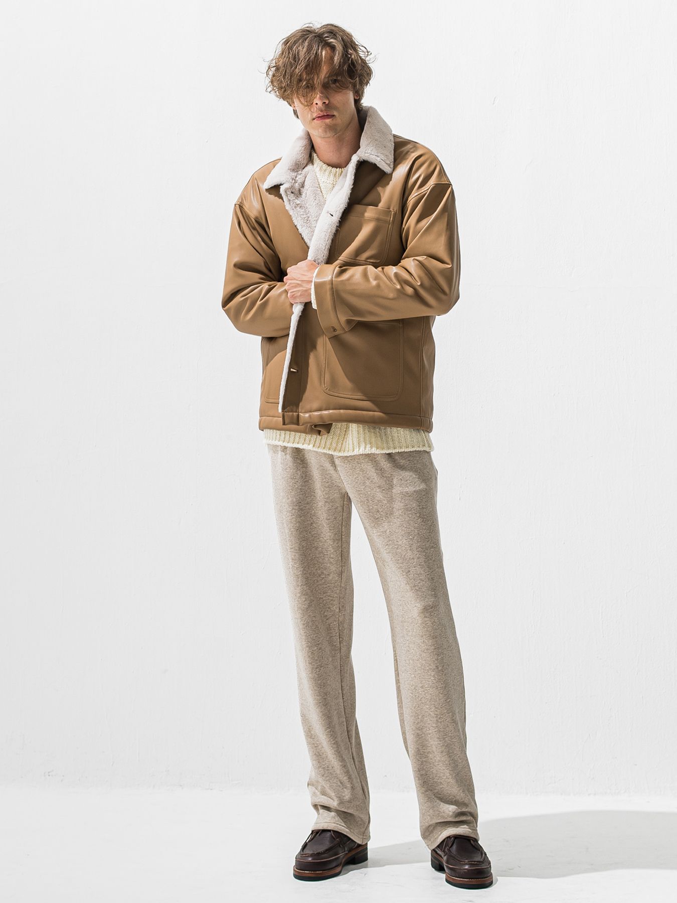 【予約品 9月6日(日) 締切】LEATHER FUR COVERALL / レザー ファー カバーオール / ベージュ