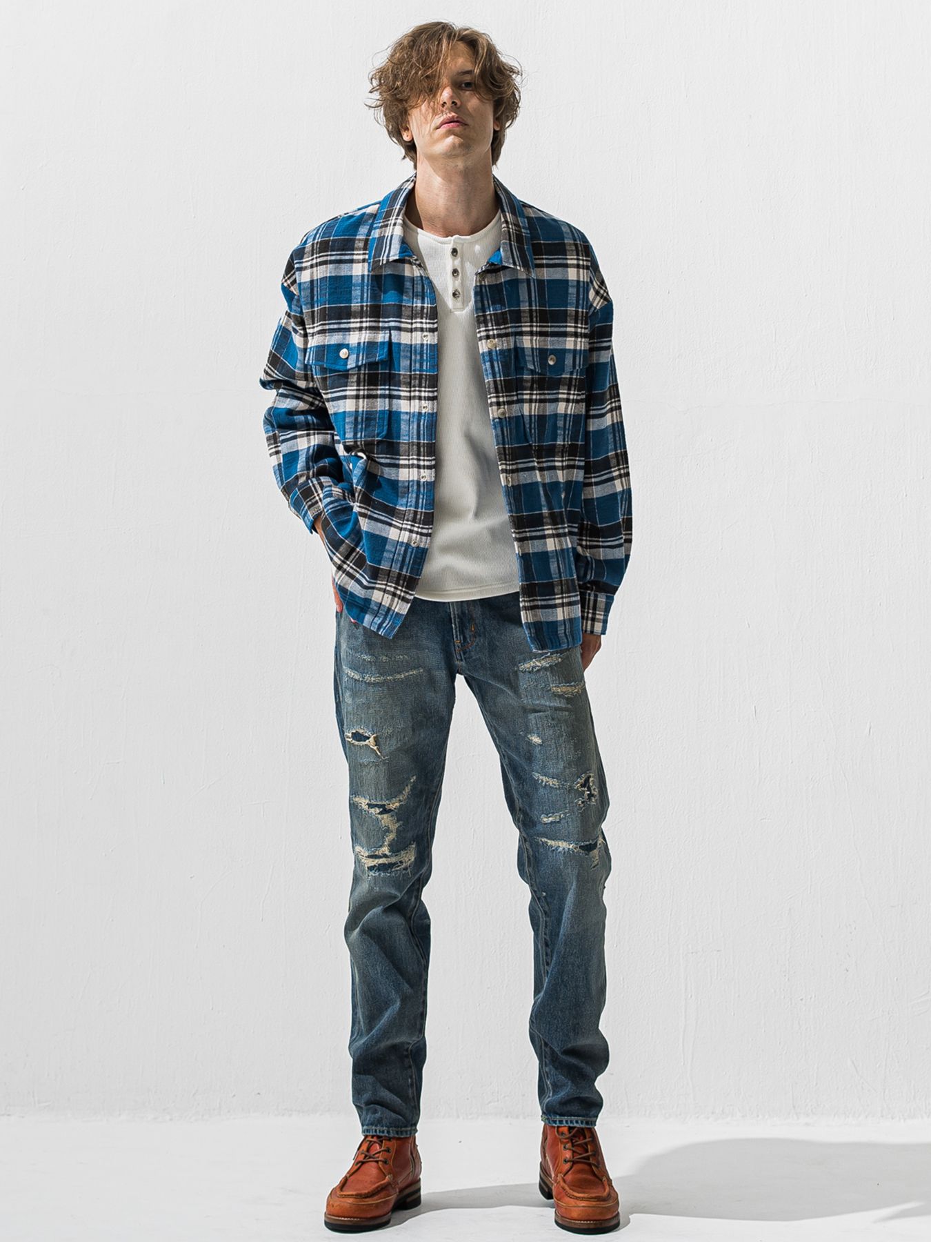 【予約品 9月6日(日) 締切】VELOURS FLEECE THERMAL HENRY / 裏起毛 ハニカムサーマル ヘンリーネック / ホワイト