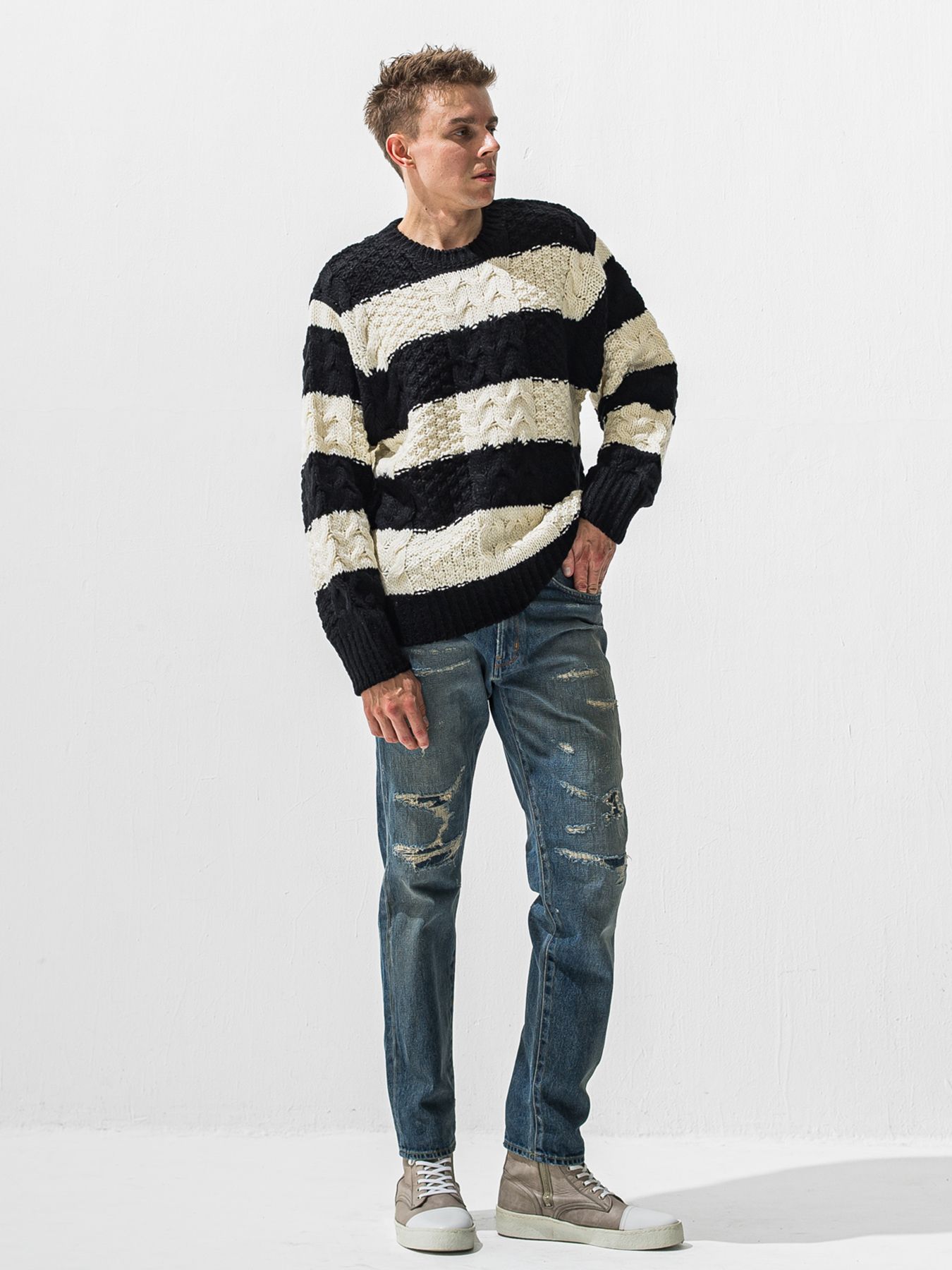 【予約品 9月6日(日) 締切】CABLE LAW SWEATER / ケーブル編みローゲージセーター / ブラック×ホワイト