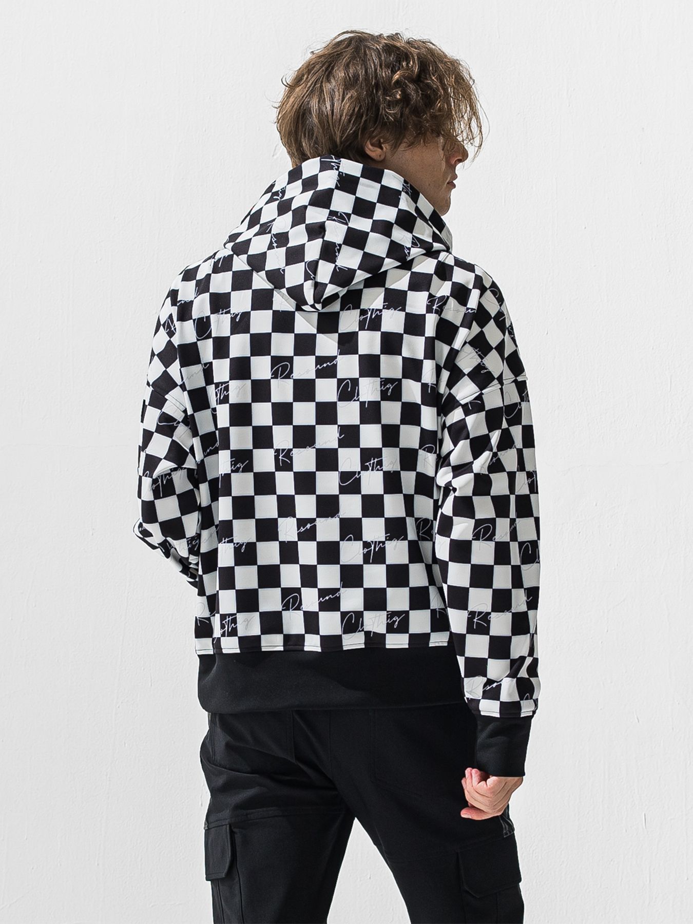 【予約品 9月6日(日) 締切】CHECKER BACK FLEECE TRAINER / 裏起毛 ルーズフーディー / ホワイト×ブラック