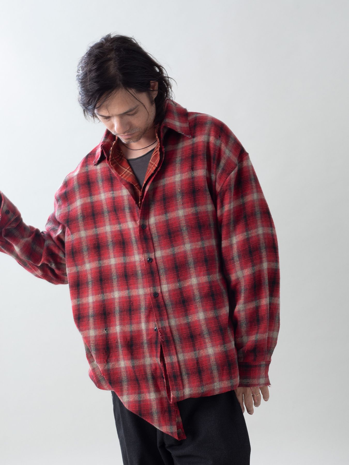 【予約品 5月27日(水) 締切】DOUBLE-SHIRTS damage / ダメージ加工 レイヤードシャツ / レッド系