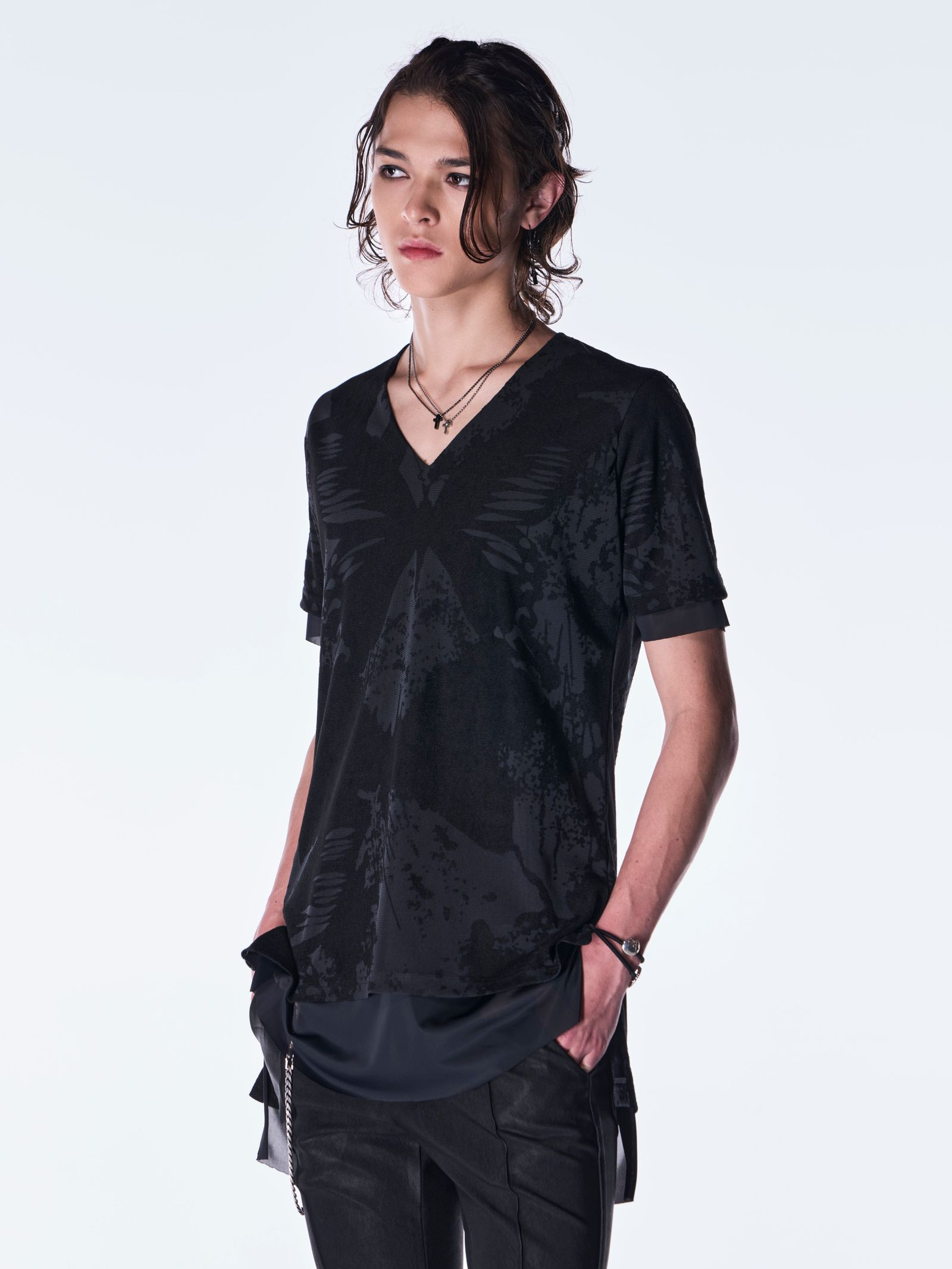 【予約品 6月29日(月) 締切】Opal Mesh Layered T-Shirt / オパールメッシュ レイヤード Tシャツ / ブラック×ブラック