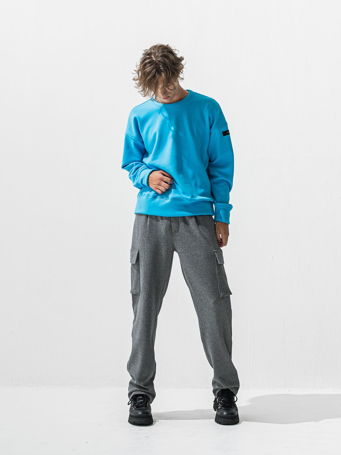 【予約品 9月6日(日) 締切】PIN ST RC VELOURS FLEECE DROP TRAINER / ピンストライプロゴ 裏起毛 ルーズトレーナー / ブルー