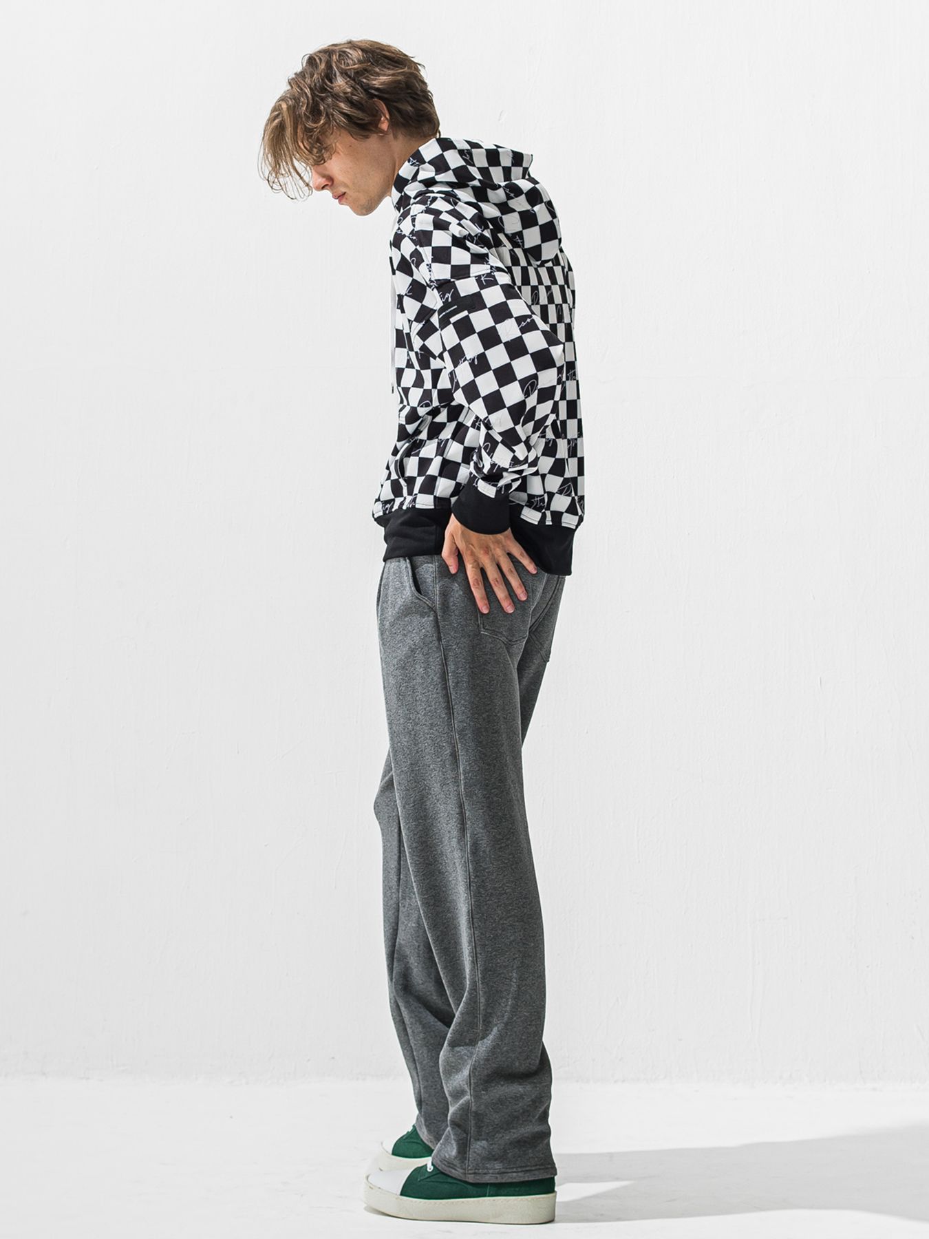 【予約品 9月6日(日) 締切】CHECKER BACK FLEECE TRAINER / 裏起毛 ルーズフーディー / ホワイト×ブラック