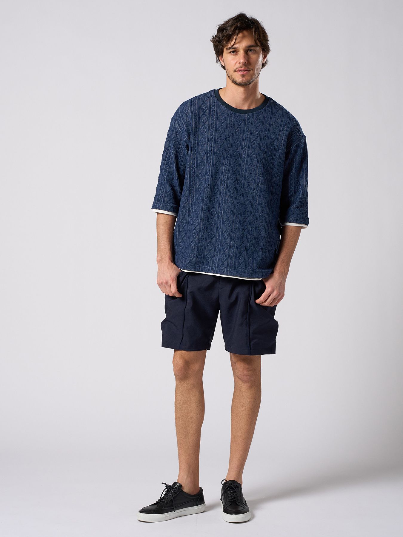 【予約品 1月25日(日) 締切】jacquard summer knit H/S / ジャガード サマーニット ハーフスリーブ / ネイビー