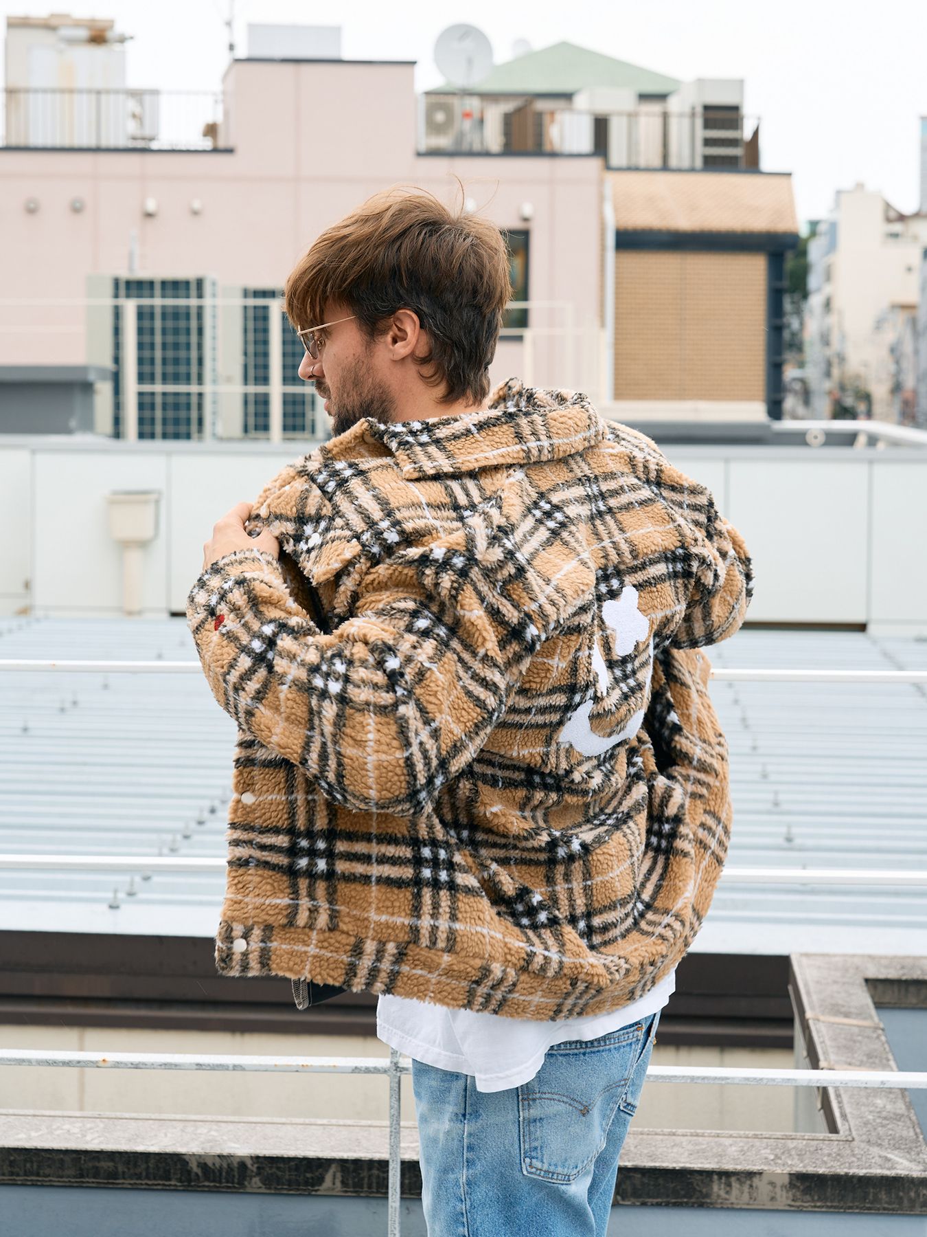 【予約品 】 ブロックチェックムックボア サガラパッチワークブルゾン / ベージュ