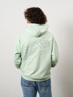 【予約品 10月16日(木) 締切】 ヘビーウエイト裏毛パイル メタルスタッズウェービーロゴ プルパーカー  / ミント