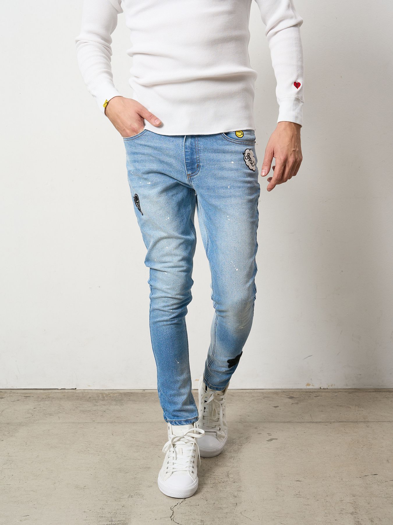【予約品 】 11ozストレッチデニム マルチパッチワーク& ペインティング 5Pパンツ / ブラック