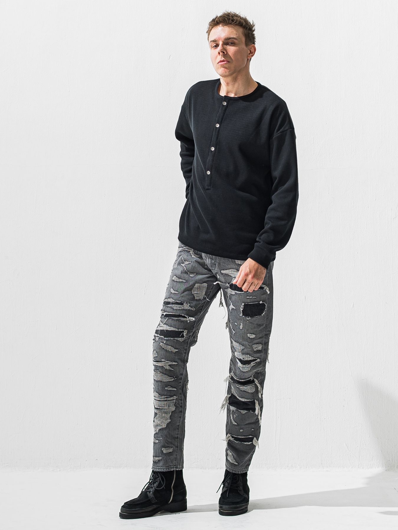 【予約品 9月6日(日) 締切】OVER HENRY VELOURS FLEECE THERMAL / 裏起毛 ハニカムサーマル オーバーサイズヘンリーネック / ブラック