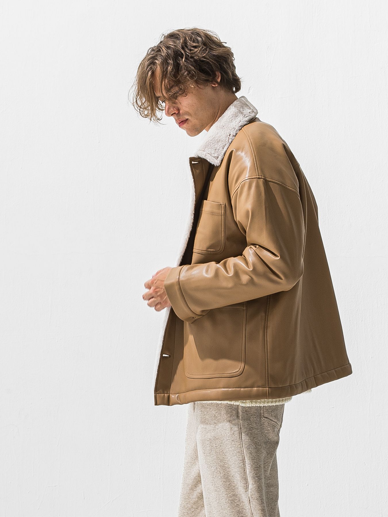 【予約品 9月6日(日) 締切】LEATHER FUR COVERALL / レザー ファー カバーオール / ベージュ