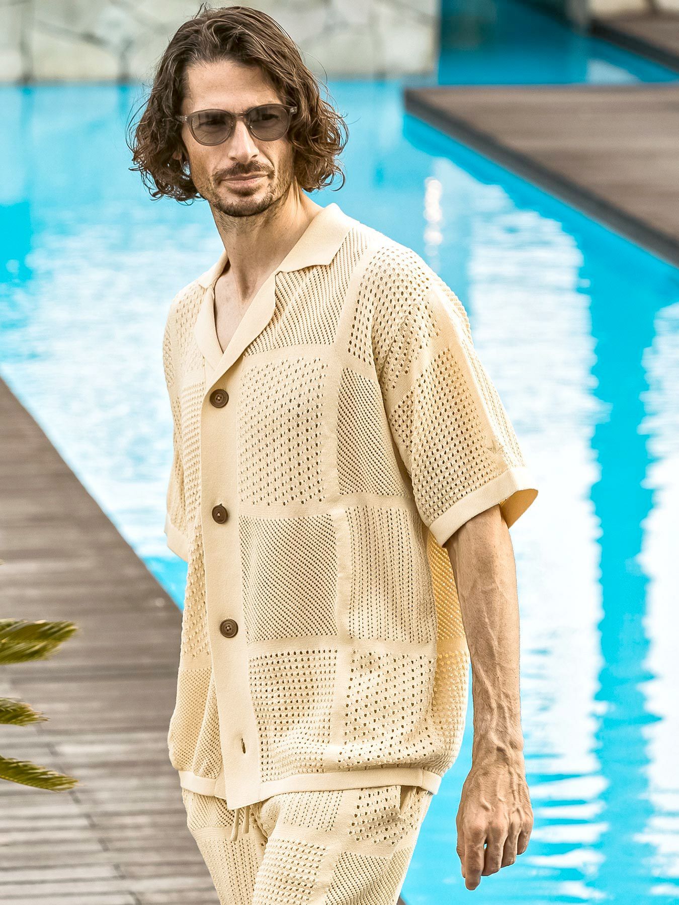 ブロックメッシュニットオープンカラーシャツ / ホワイト