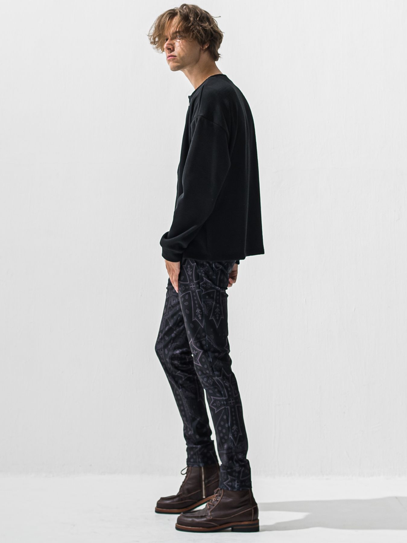 【予約品 9月6日(日) 締切】OVER HENRY VELOURS FLEECE THERMAL / 裏起毛 ハニカムサーマル オーバーサイズヘンリーネック / ブラック