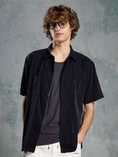 【予約品 1月25日(日) 締切】front-zip shirt H/S / フロントジップ ハーフスリーブシャツ / ブラック