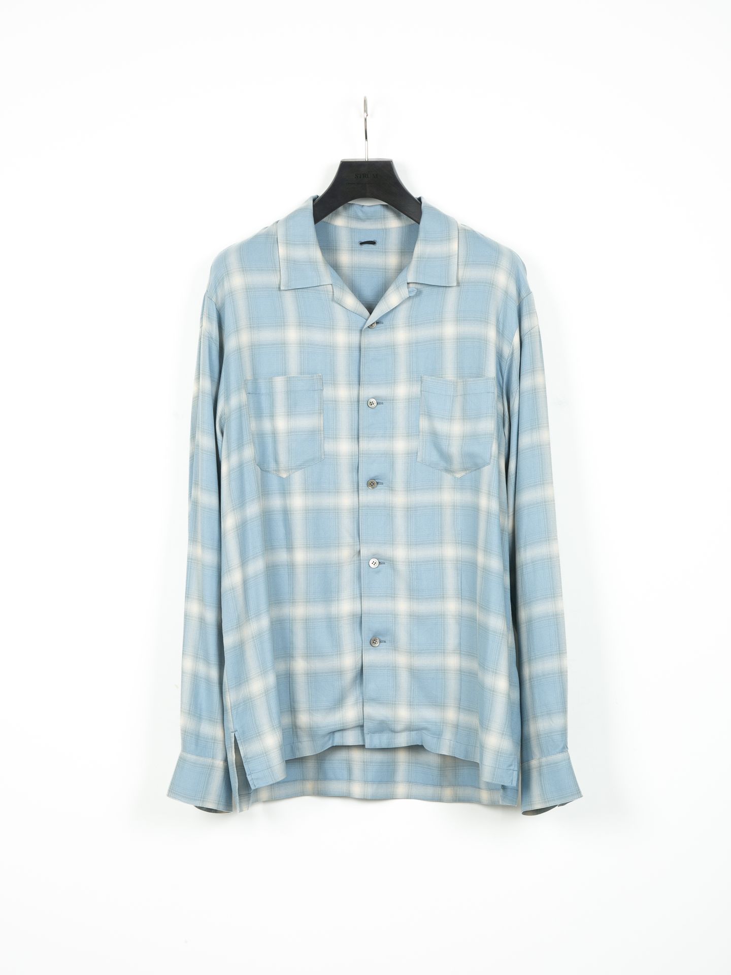 Rayon Twill Ombre Check L/S Open Collar Shirt / オンブレーチェック L/S 開襟シャツ / ブルー
