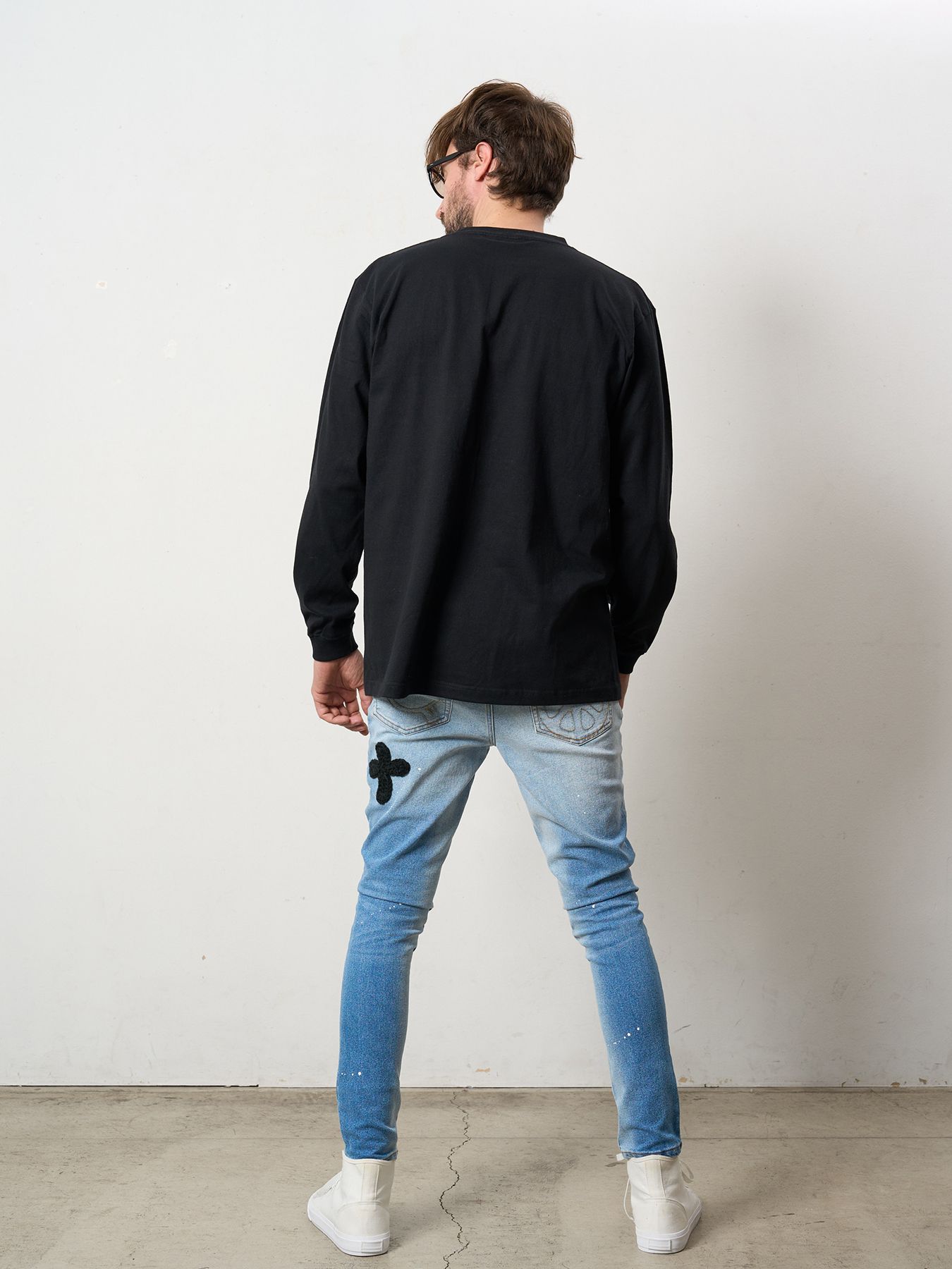 【予約品 5月8日(木) AM10時 締切】 5.6ozコットン天竺 PEACE AFTER DEATH&クロスパッチワーク LS Tシャツ / ブラック