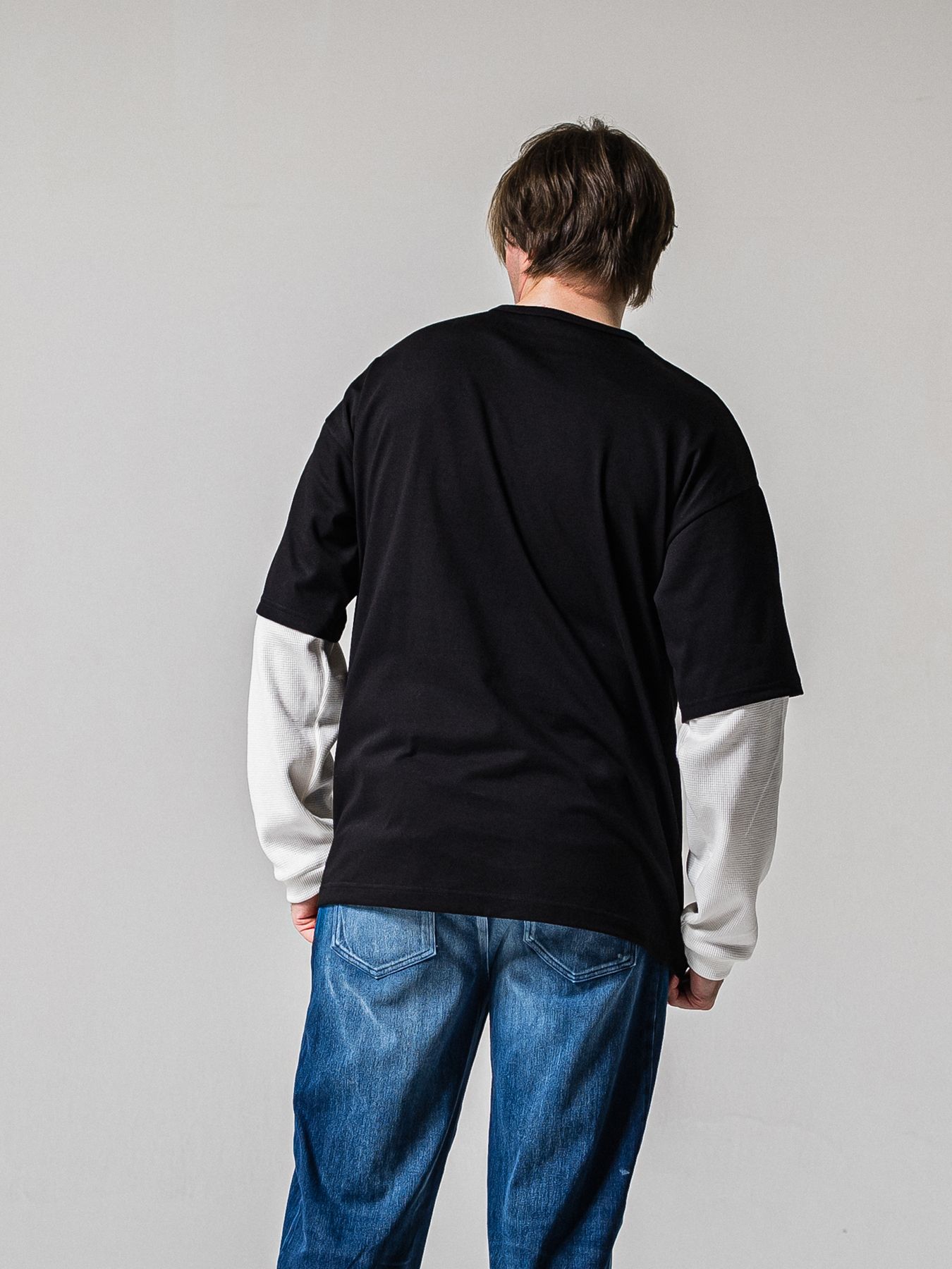 【予約品 11月16日(日) 締切】FAKE LAYERED WAFFLE LONGSLEEVE / フェイクレイヤード ワッフル ロングスリーブTシャツ / ブラック×ホワイト