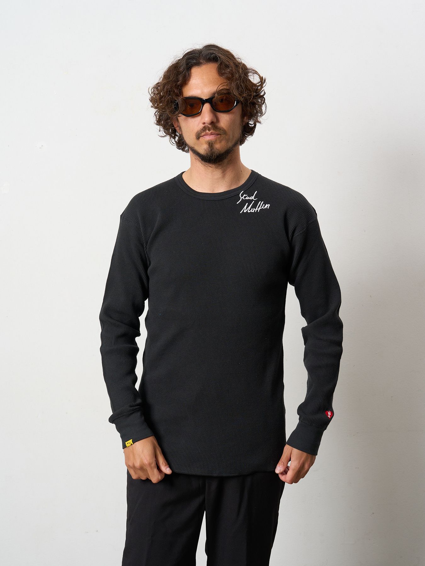 【予約品 5月8日(木) AM10時 締切】 ヘビーコットンワッフル ロゴ＆ハート刺繍 LS サーマル / ブラック