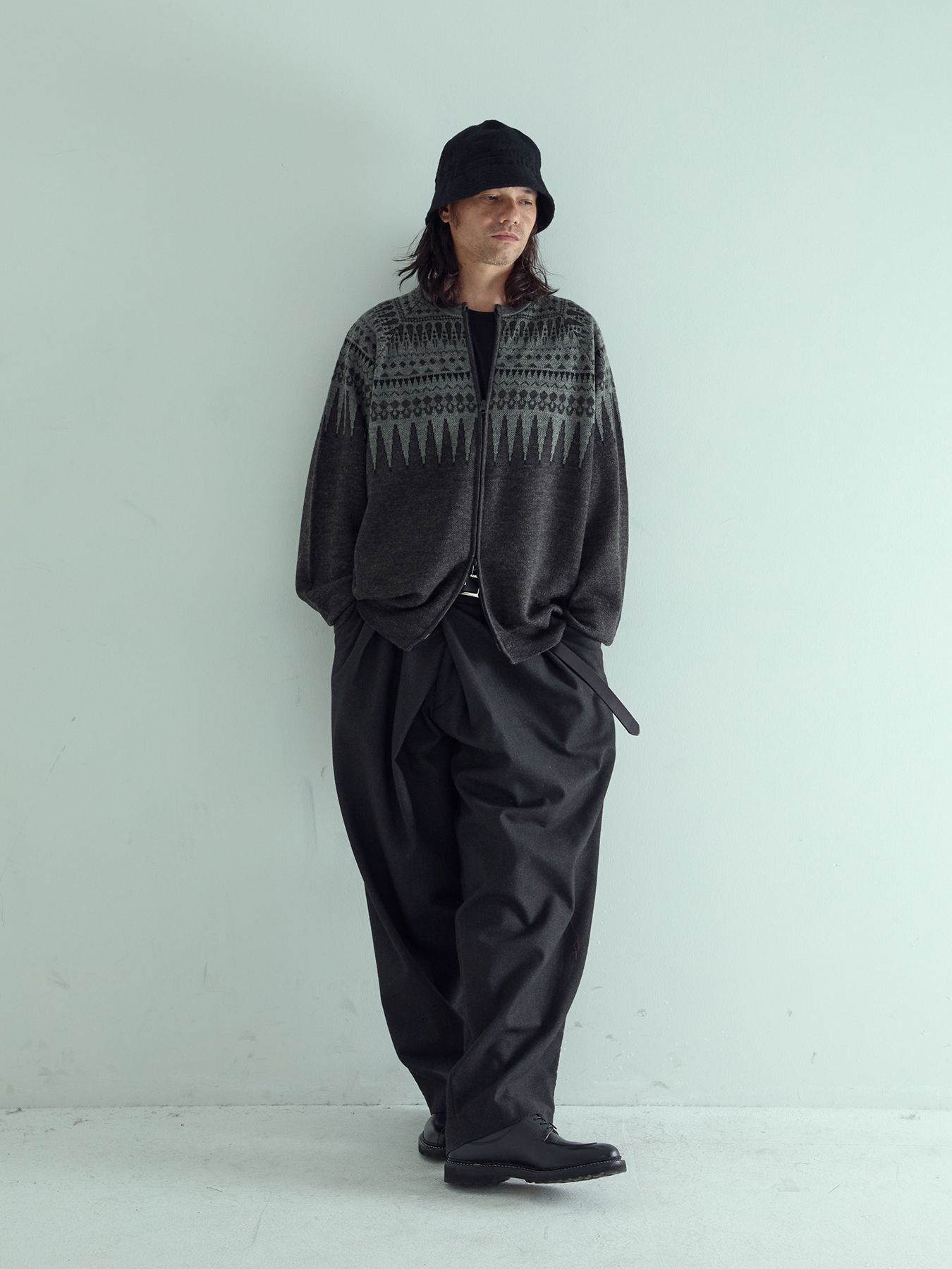 【予約品 】ARROWKNIT / ジャガードニットカーディガン / 杢ブラック×杢グレー系