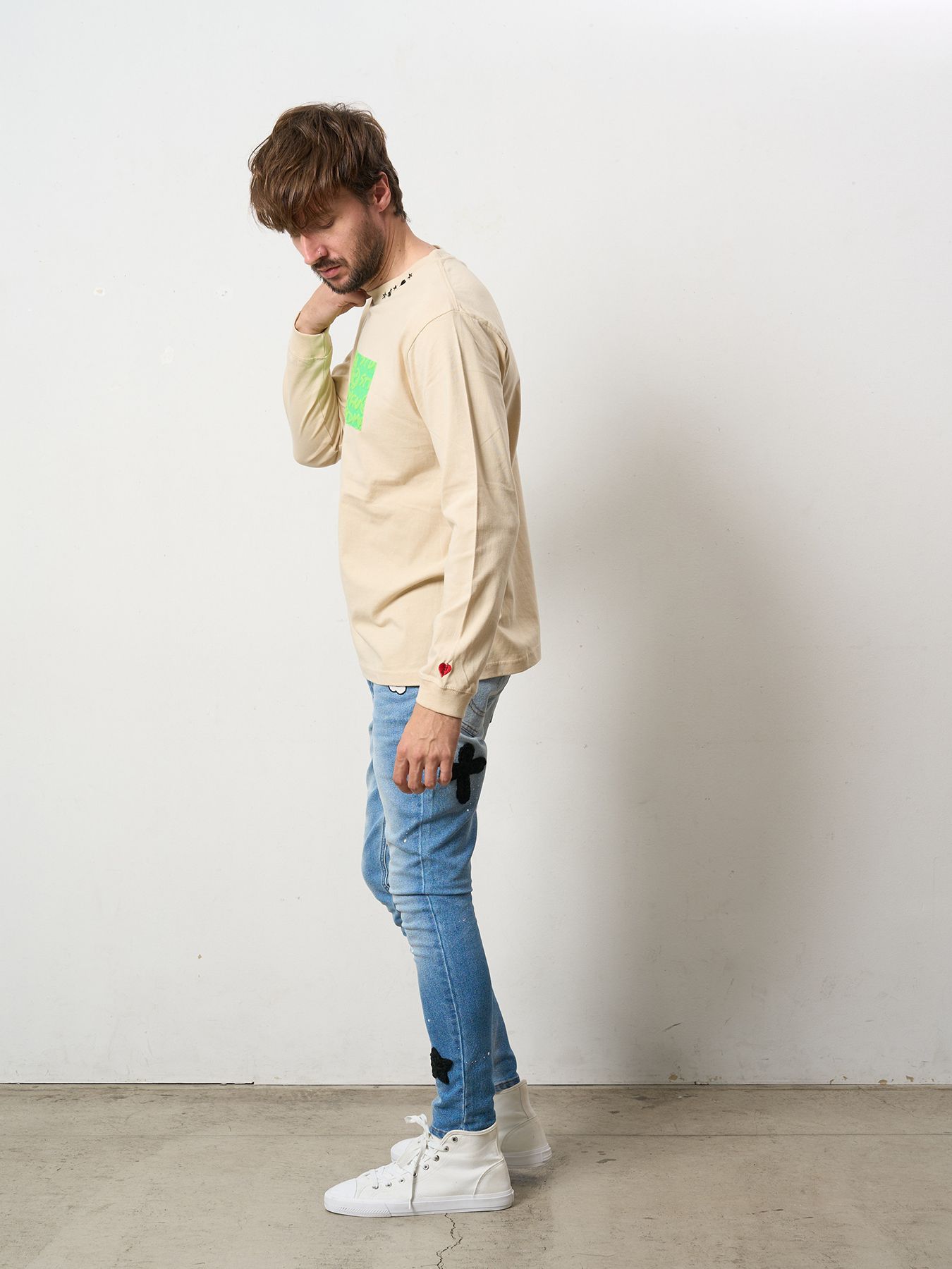 【予約品 5月8日(木) AM10時 締切】 5.6ozコットン天竺 ボックスロゴ発泡プリントLS Tシャツ / ベージュ