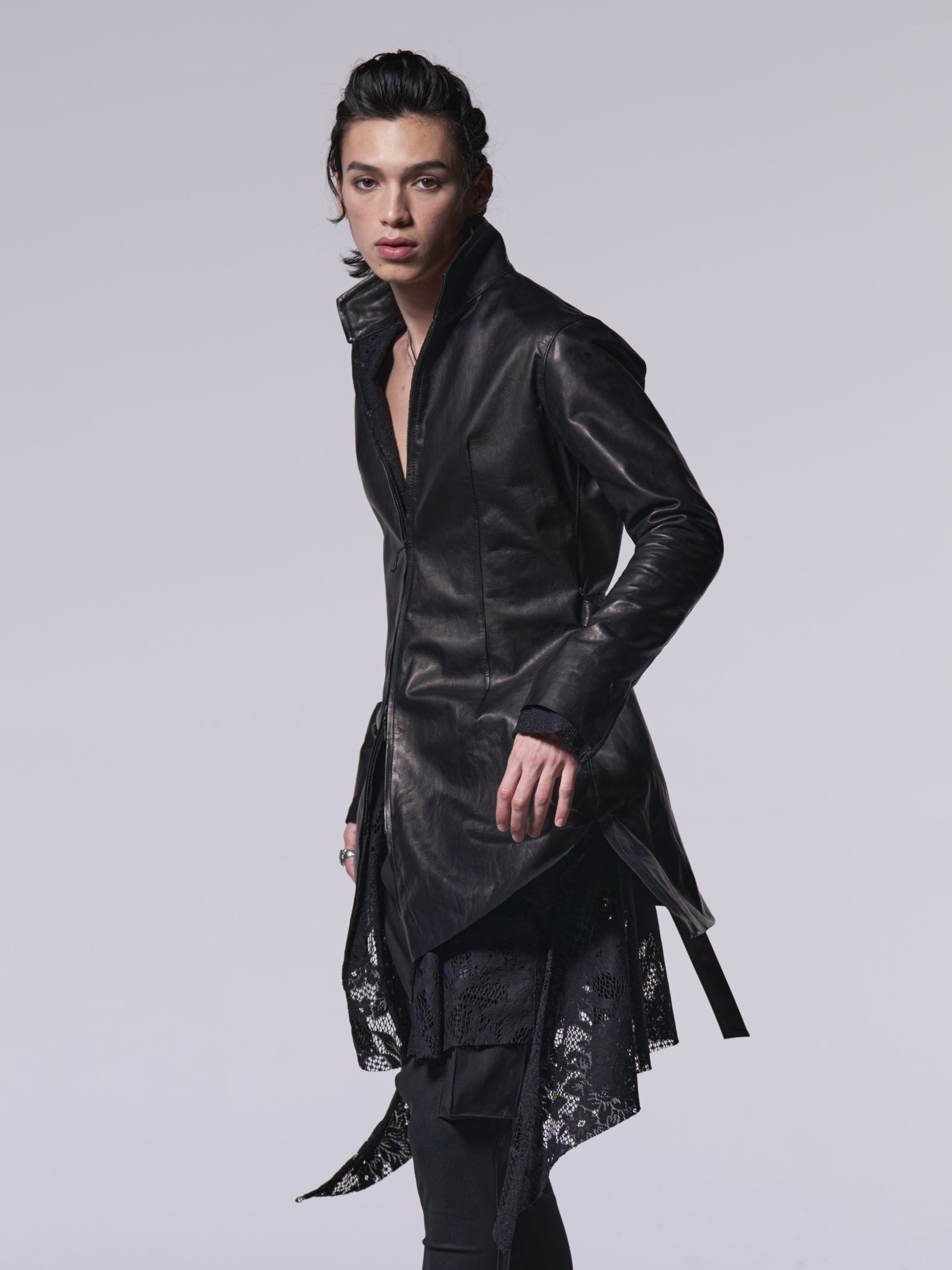 《予約品》 StandCollarLeatherFlareShirt / レザーフレアシャツ / ブラック