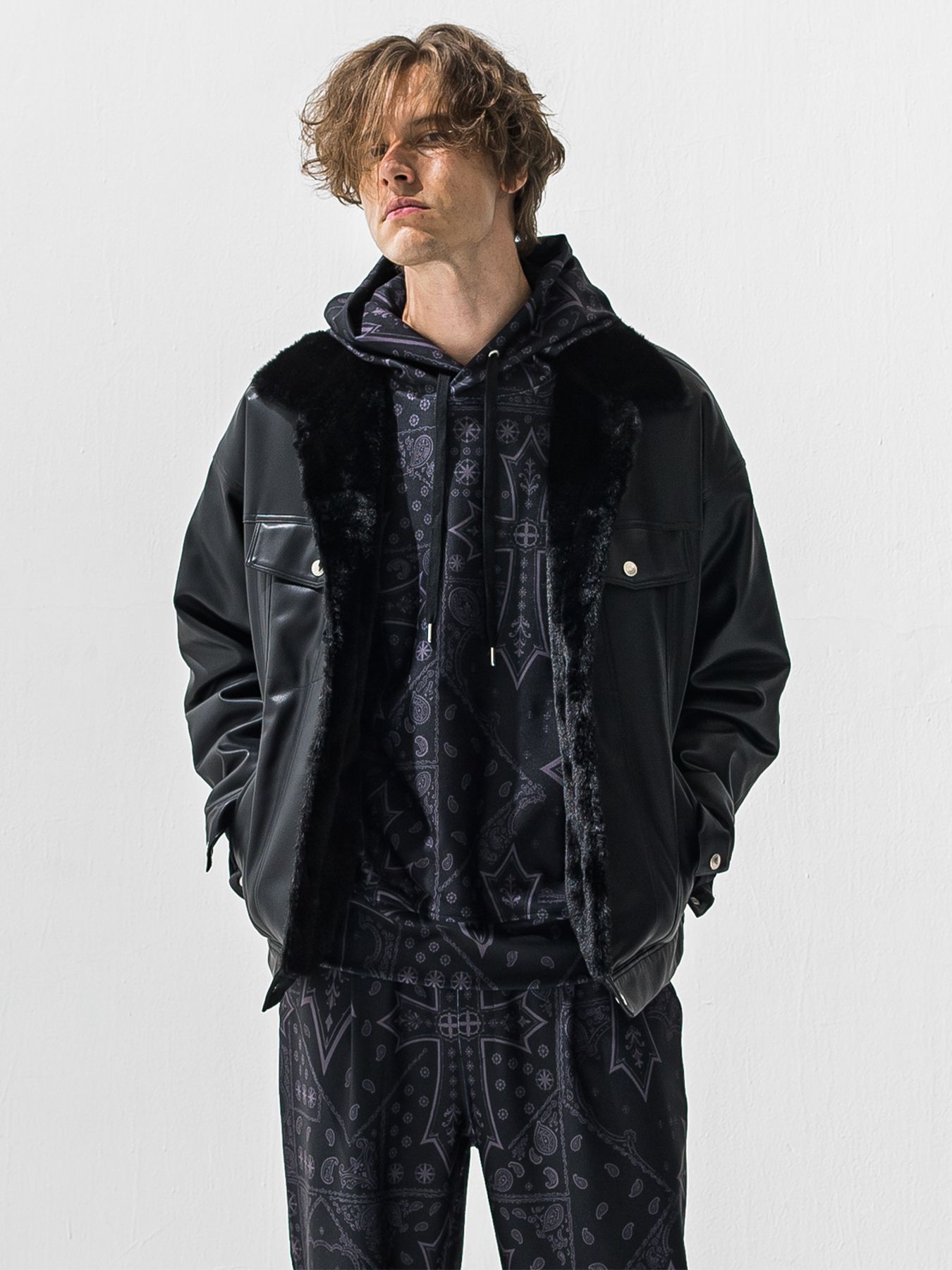 【予約品 9月6日(日) 締切】LEATHER FUR OVER G / レザー ファー オーバー Gジャン / ブラック