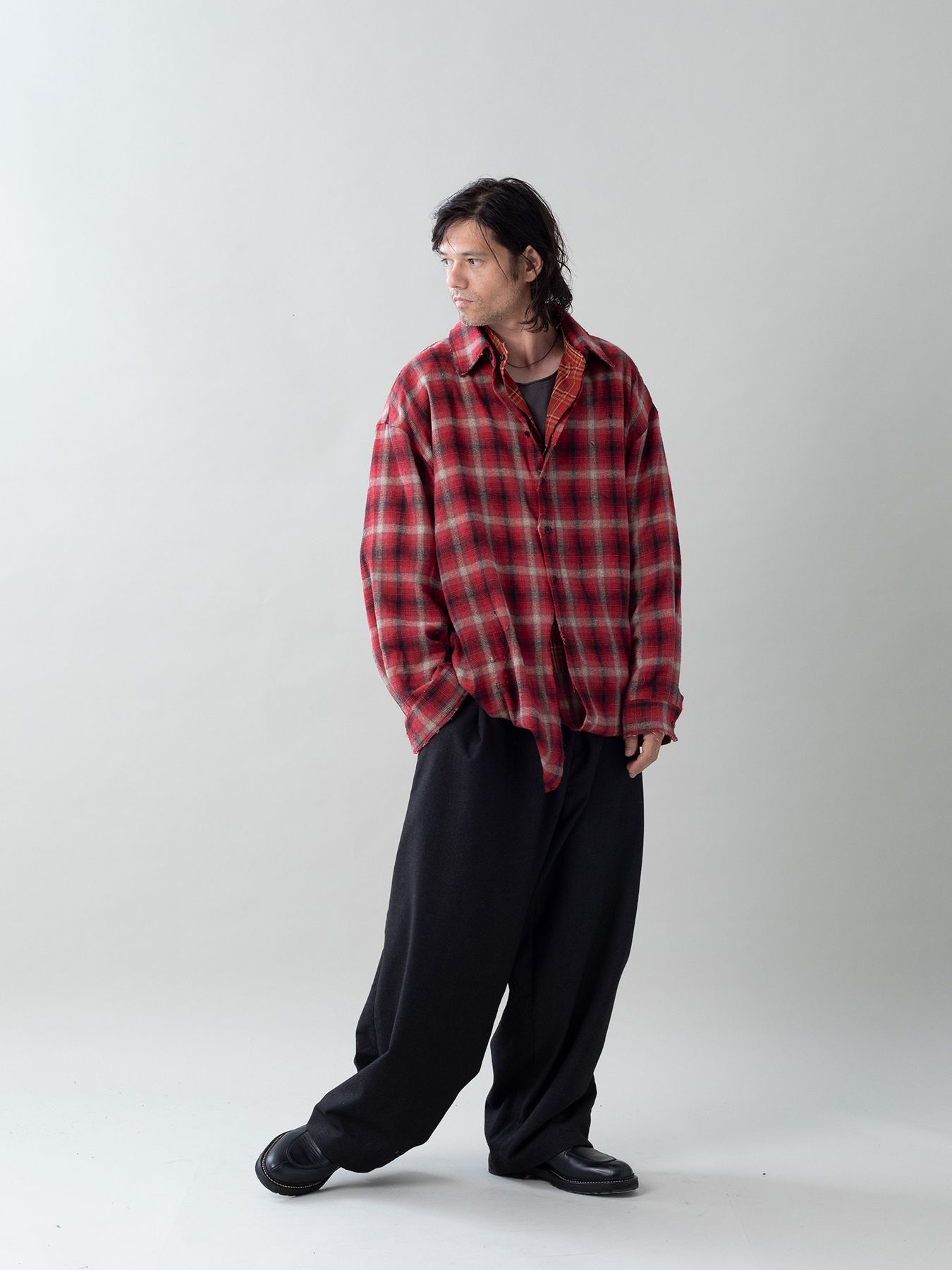 【予約品 5月27日(水) 締切】DOUBLE-SHIRTS damage / ダメージ加工 レイヤードシャツ / レッド系