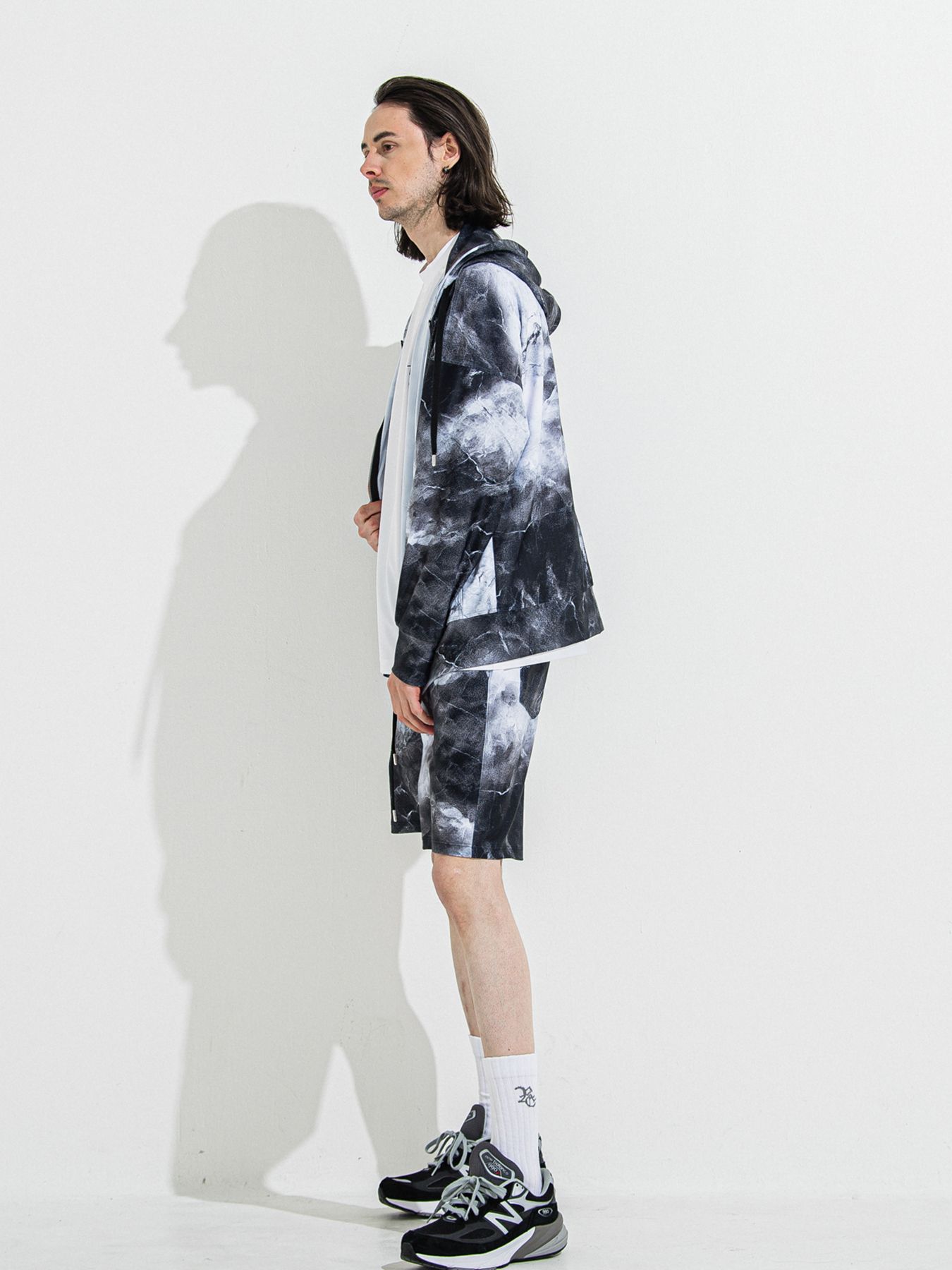 【予約品 】RASH OVER ZIPUP HOODIE / ラッシュガード オーバーサイズジップアップパーカー / マーブルブラック