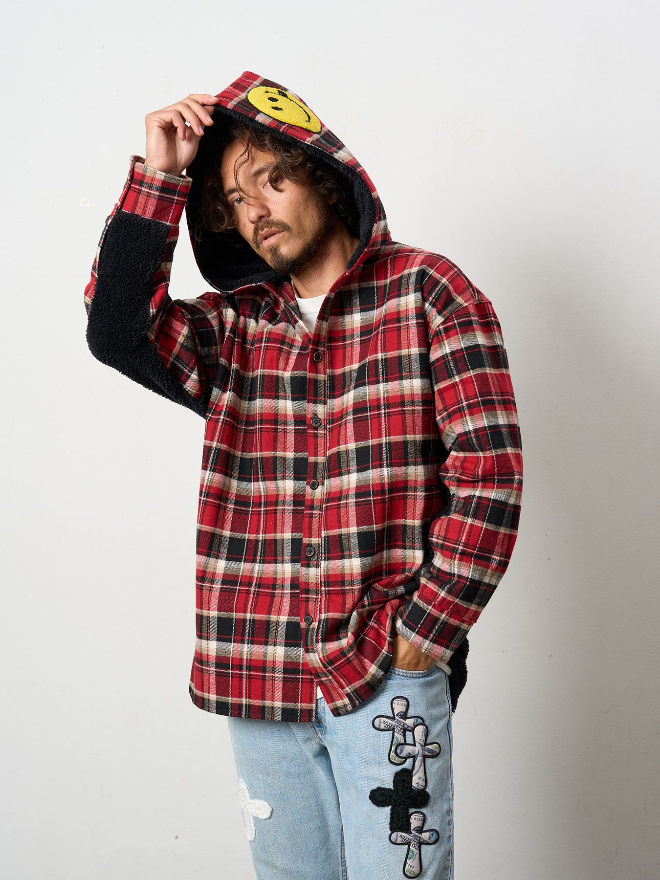 【予約品 】 ヘビーネルチェック-ボア レザースター&サガラパッチワーク フーデッドシャツ / ブラック