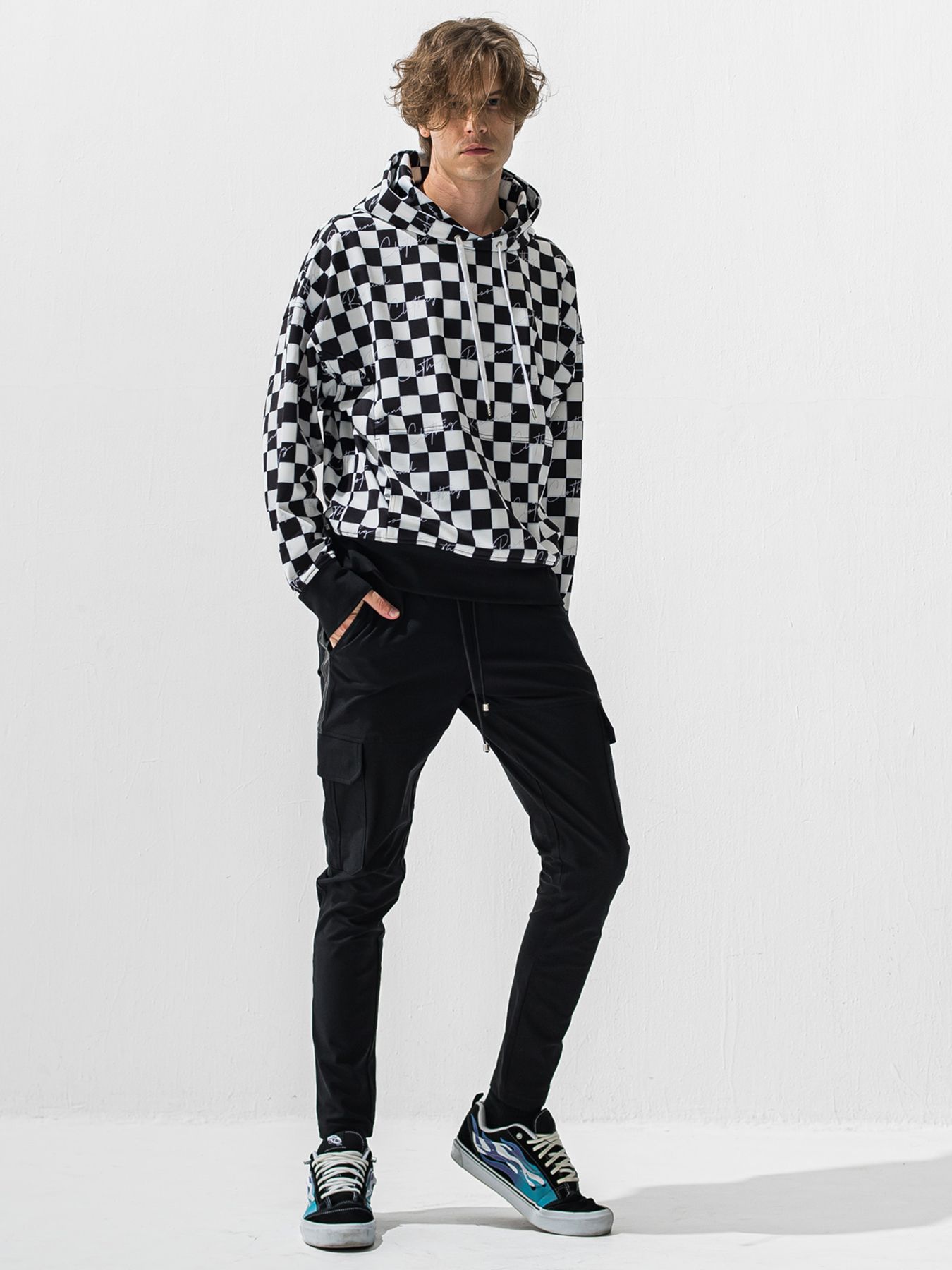 【予約品 9月6日(日) 締切】CHECKER BACK FLEECE TRAINER / 裏起毛 ルーズフーディー / ホワイト×ブラック