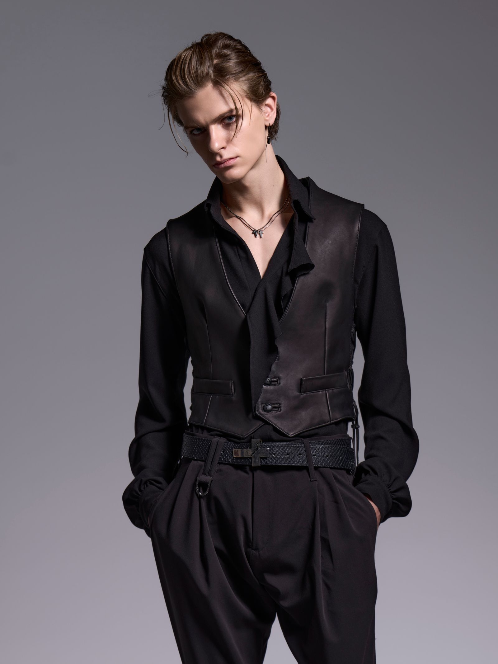 【予約品 1月4日(日) 締切】Lace Up Single Frill Shirts / レースアップ シングル フリルシャツ / ブラック