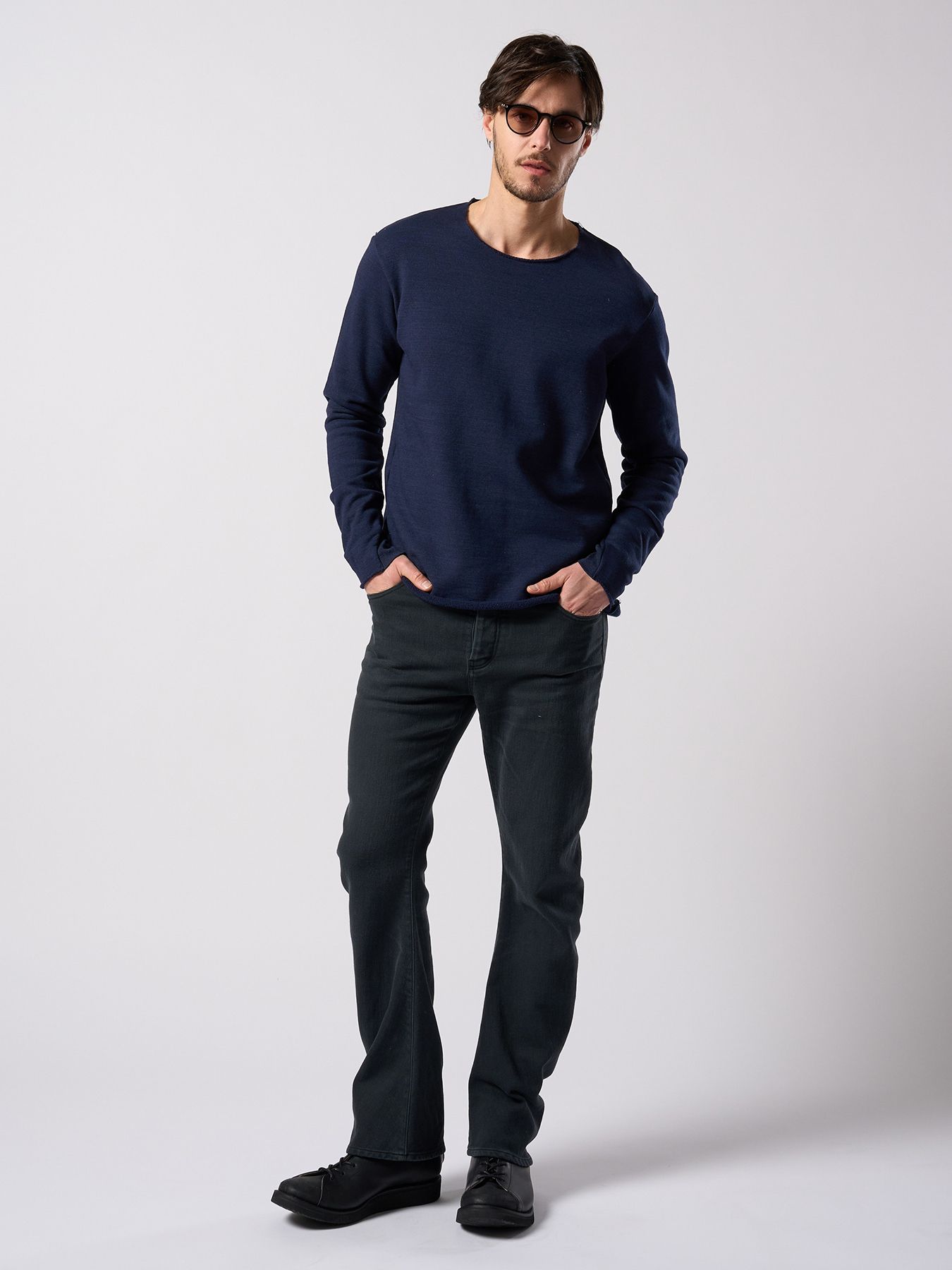 【予約品 4月19日(日) 18時締切】denim jersey 3D banana flare pants / デニムジャージー 3D バナナフレアパンツ / ブラックユーズド