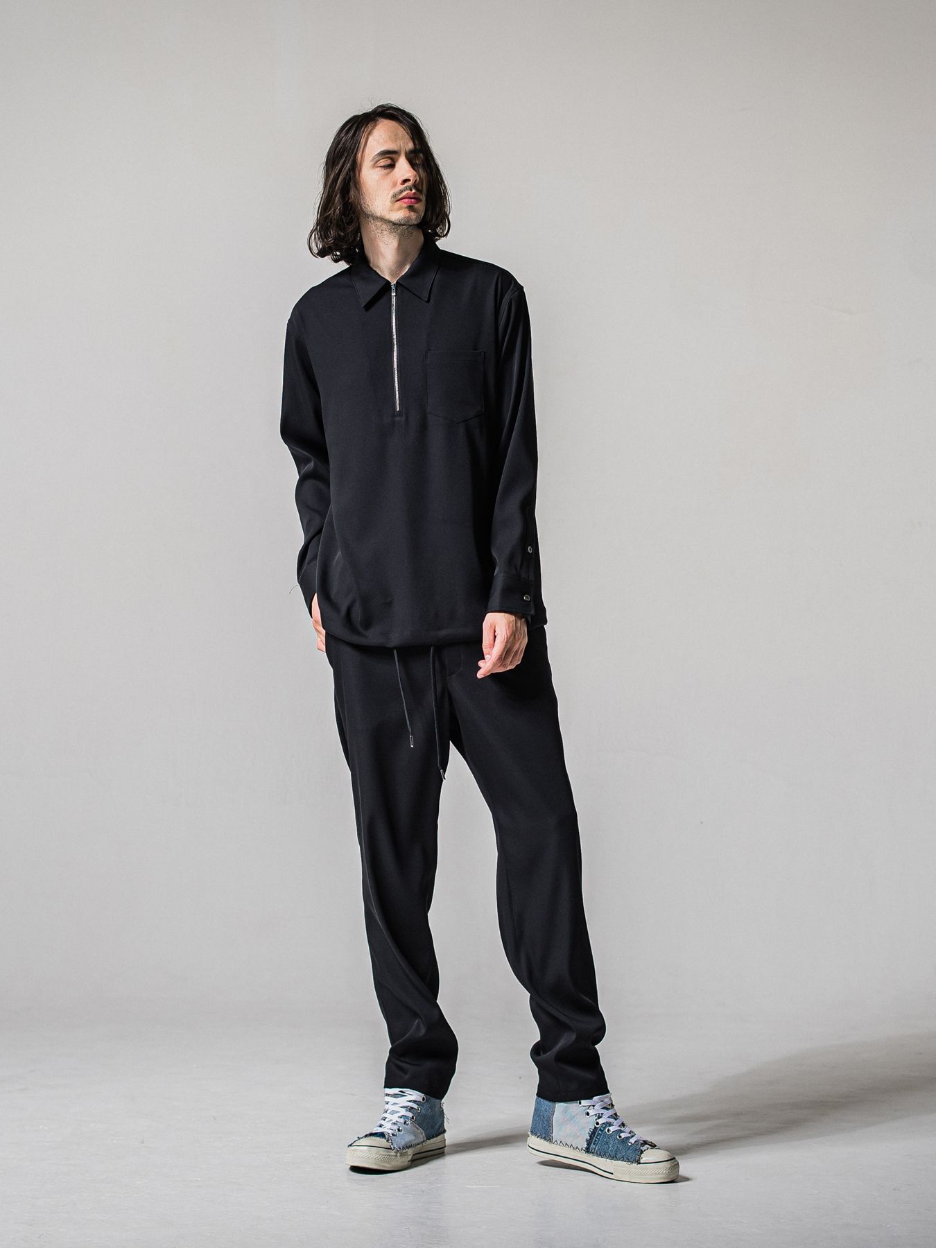 【予約品 11月16日(日) 締切】PULL OVER SATIN SHIRT / ジッププルオーバー サテンシャツ / ブラック