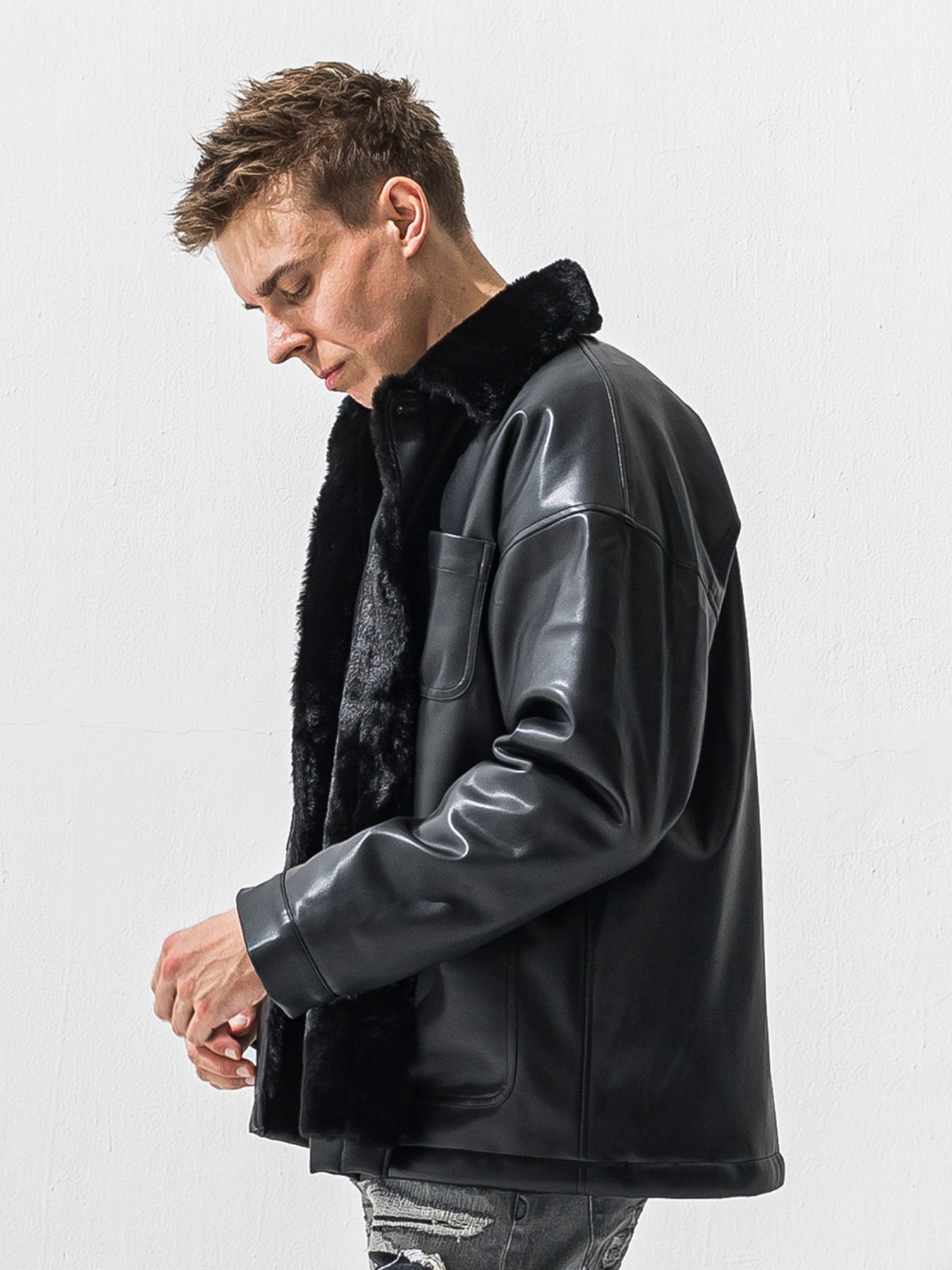 【予約品 9月6日(日) 締切】LEATHER FUR COVERALL / レザー ファー カバーオール / ブラック
