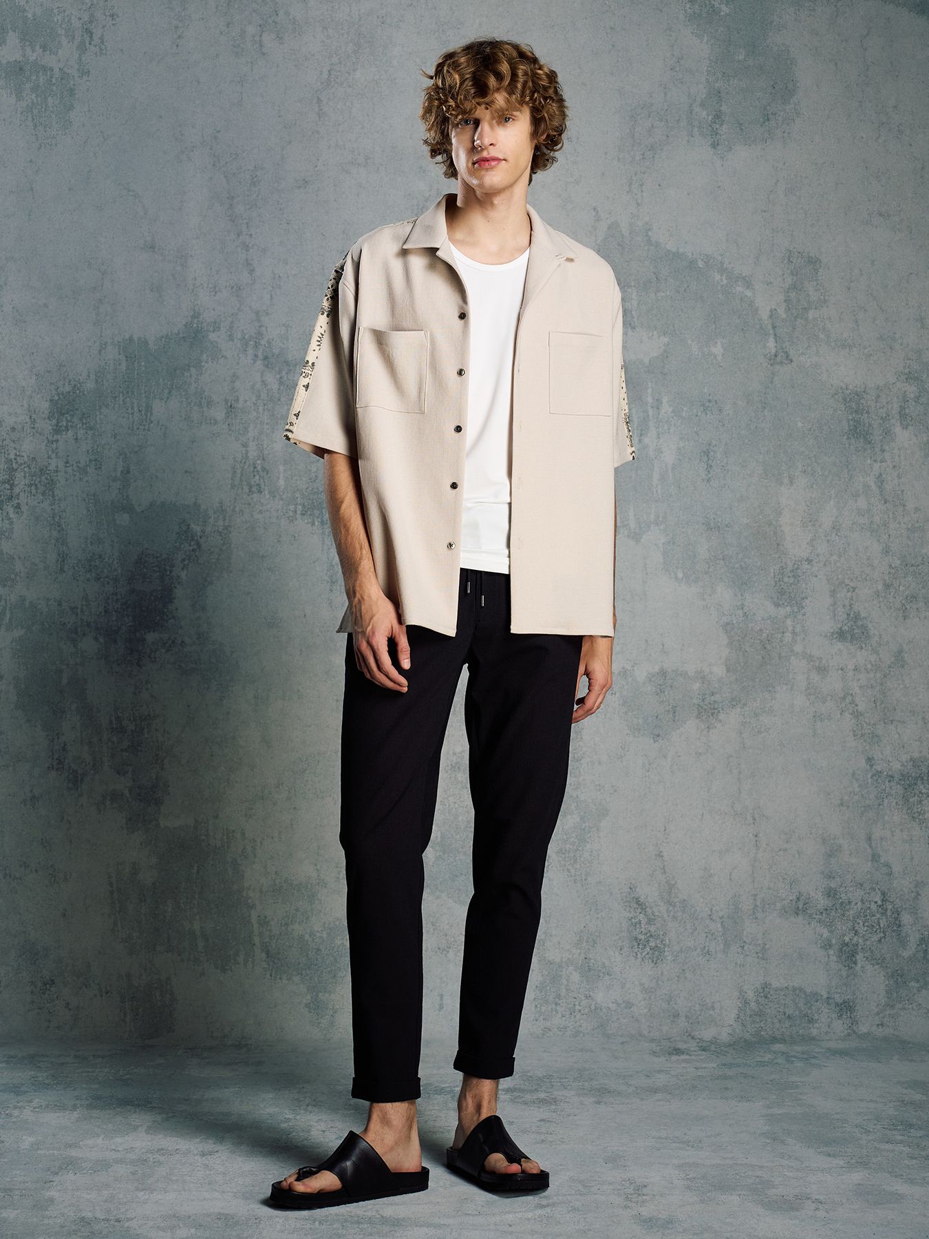 【予約品 1月25日(日) 締切】bandana print panel open shirt / バンダナプリントパネル オープンカラーシャツ / ベージュ